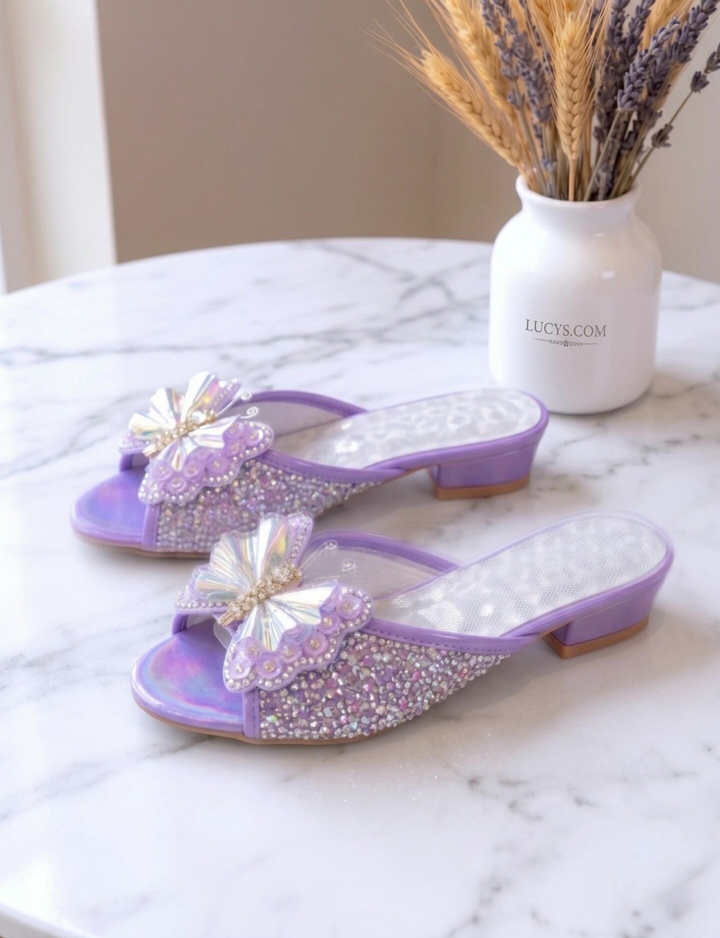 Girls Purple Jeweled Butterfly Block Heel Open-Toe Sandal Slippers with Holographic Wings | Lucys