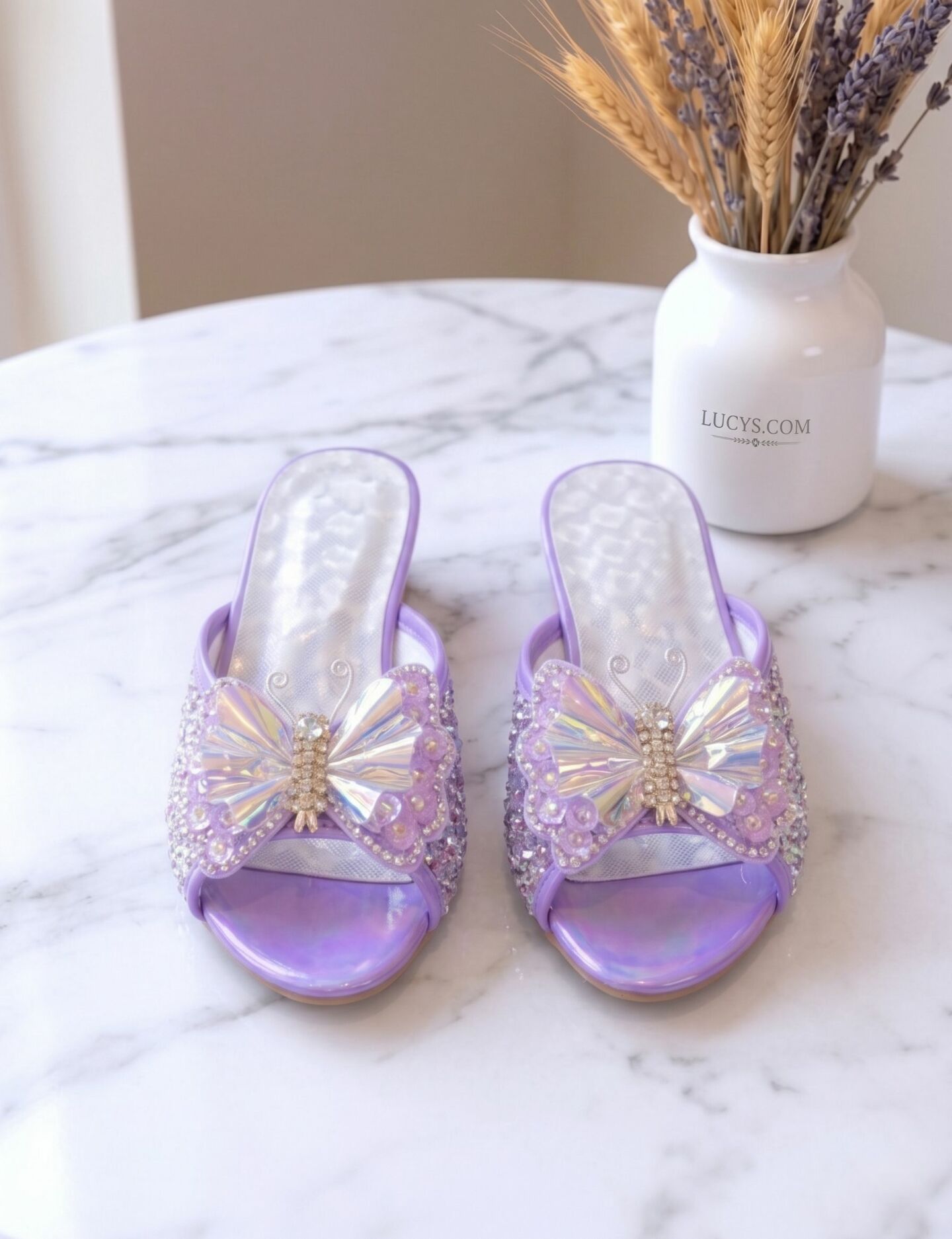 Girls Purple Jeweled Butterfly Block Heel Open-Toe Sandal Slippers with Holographic Wings | Lucys
