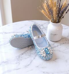 Girls Blue Jeweled Mary Jane Bar Strap Flat Dress Shoes with Gem Brooch | Lucys