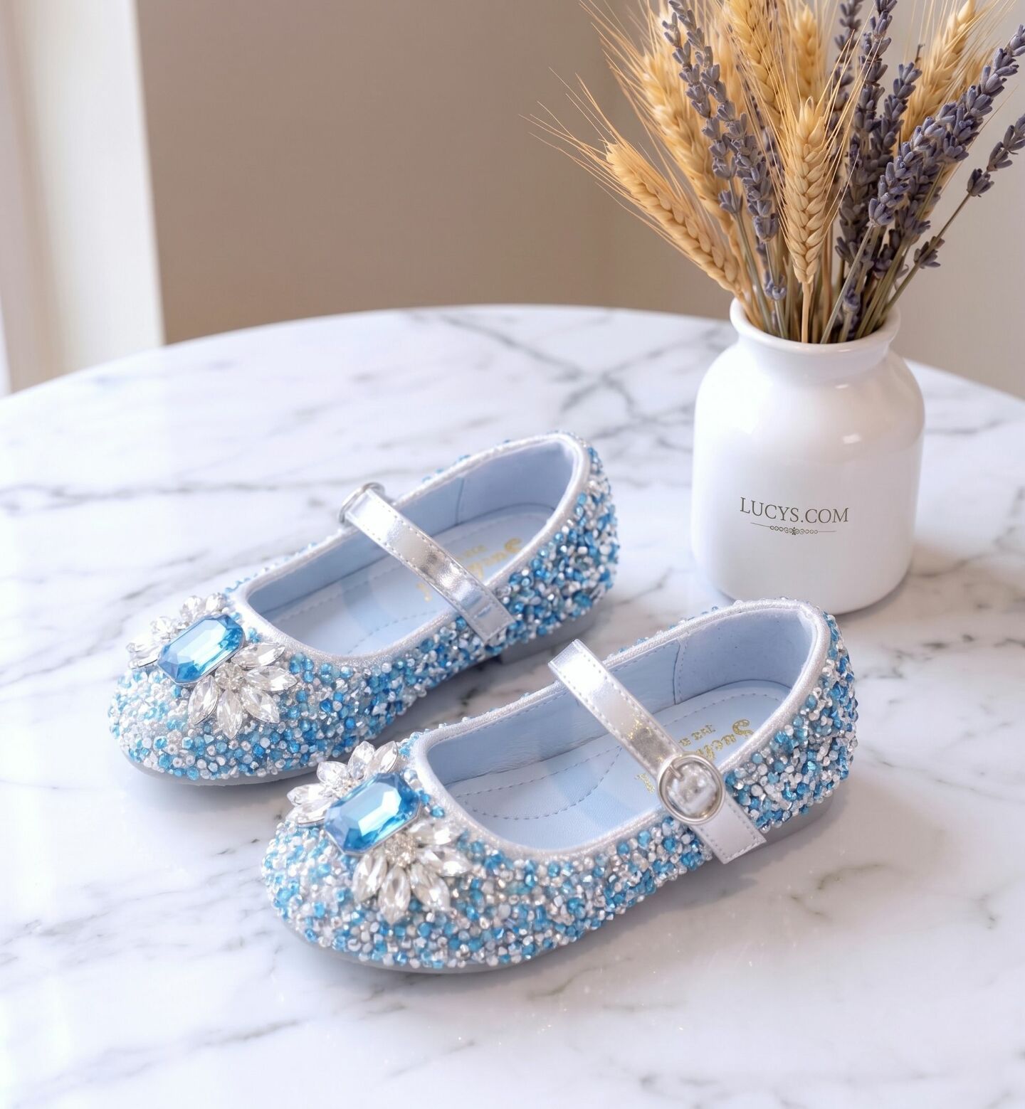 Girls Blue Jeweled Mary Jane Bar Strap Flat Dress Shoes with Gem Brooch | Lucys