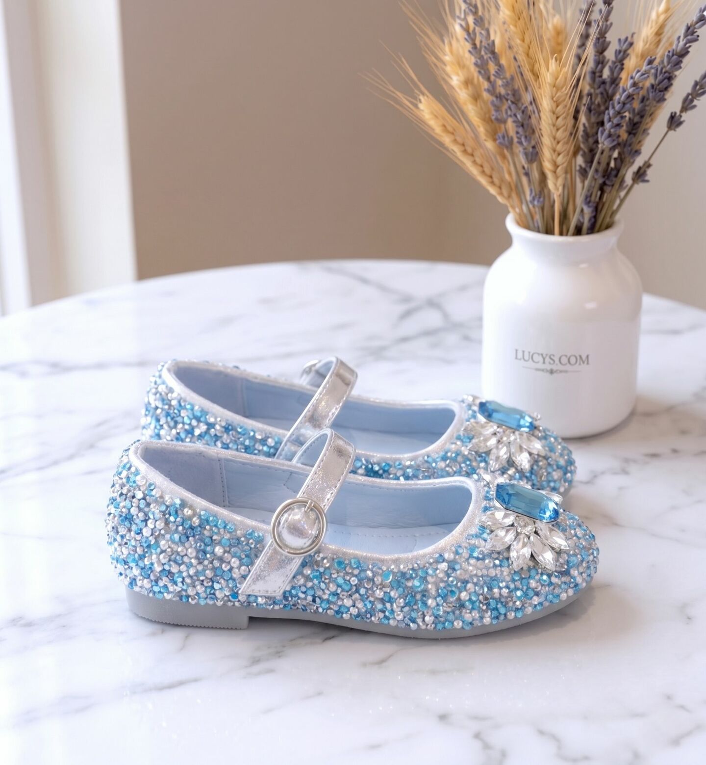 Girls Blue Jeweled Mary Jane Bar Strap Flat Dress Shoes with Gem Brooch | Lucys