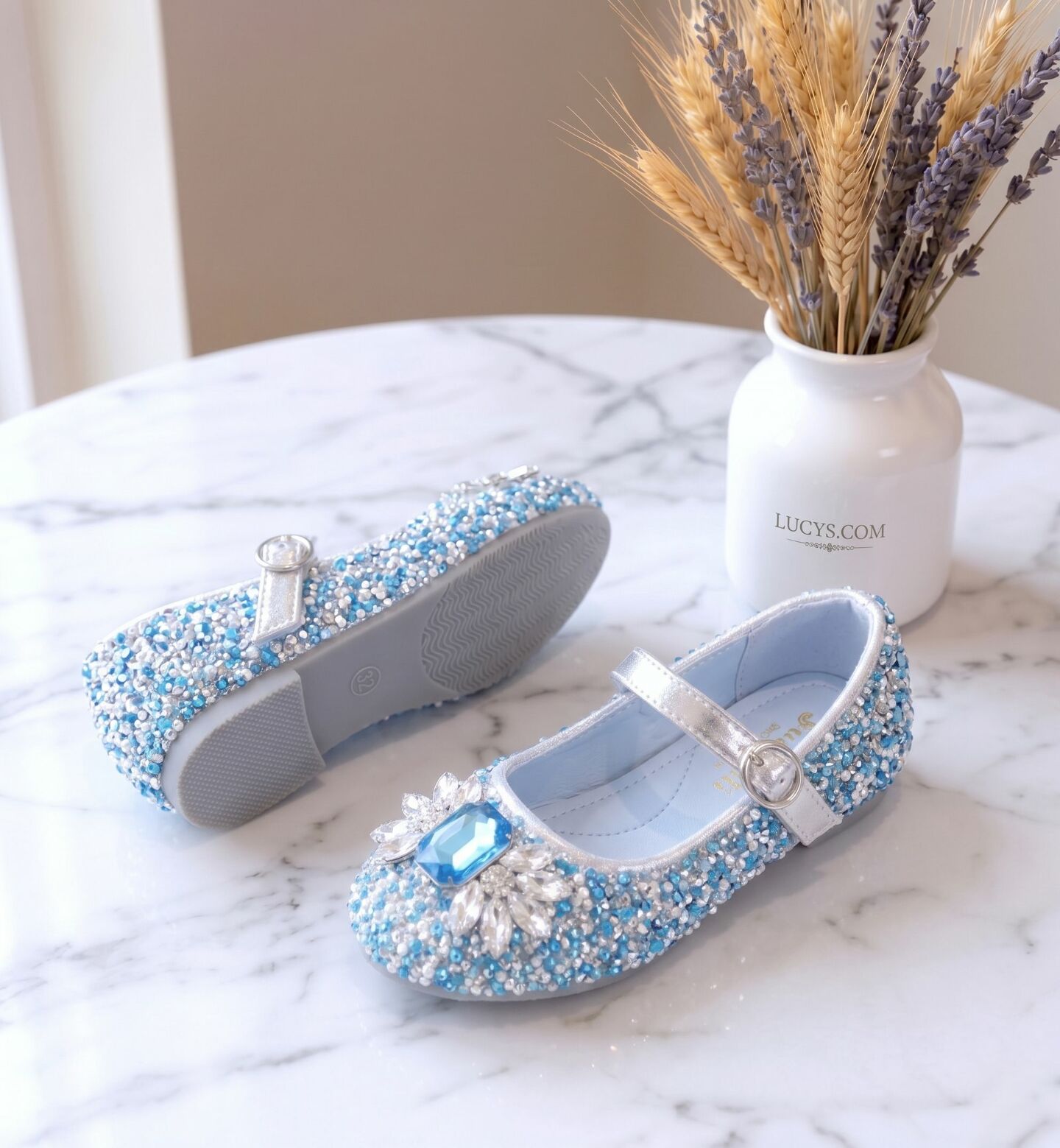 Girls Blue Jeweled Mary Jane Bar Strap Flat Dress Shoes with Gem Brooch | Lucys