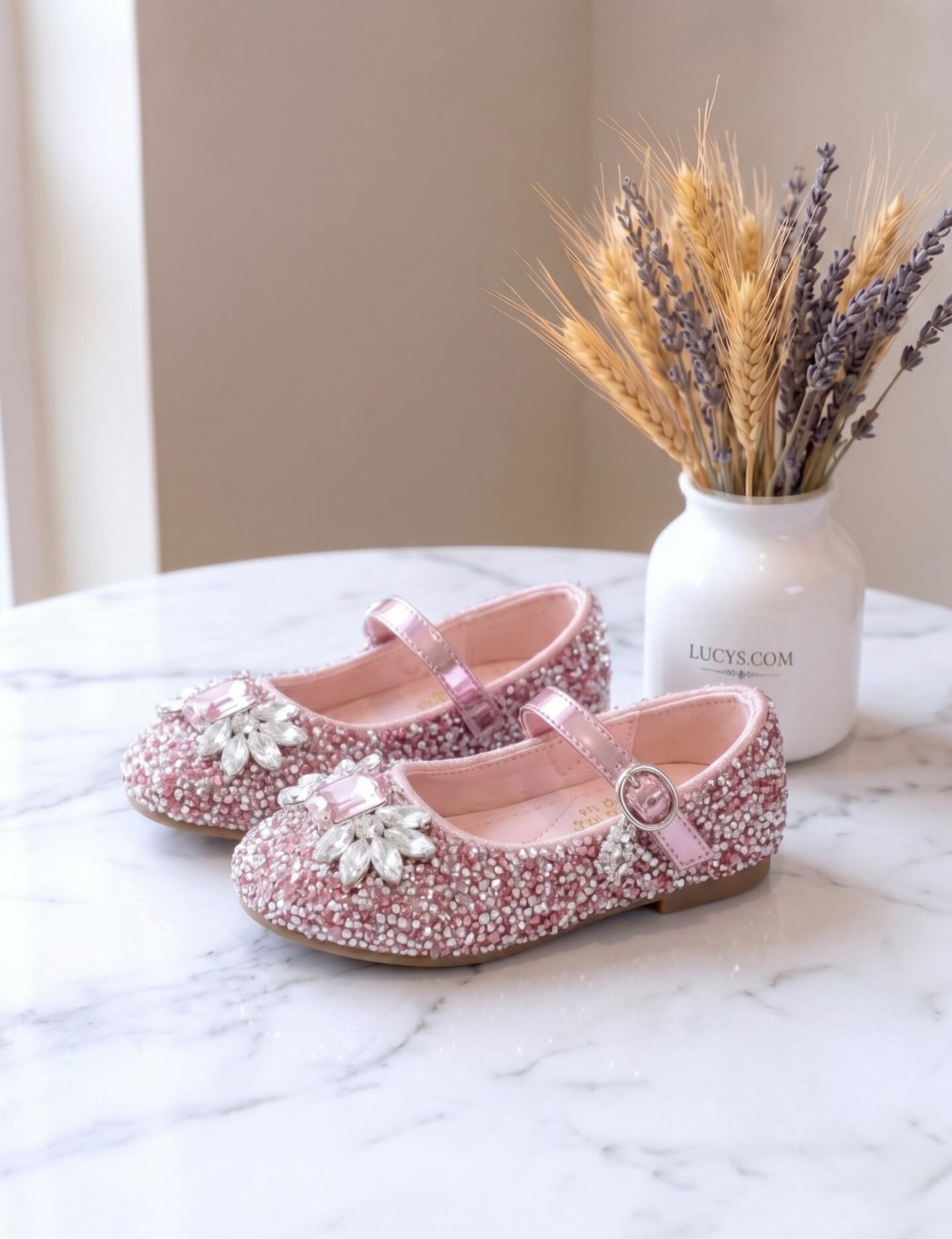 Girls Pink Jeweled Mary Jane Bar Strap Flat Dress Shoes with Gem Brooch | Lucys