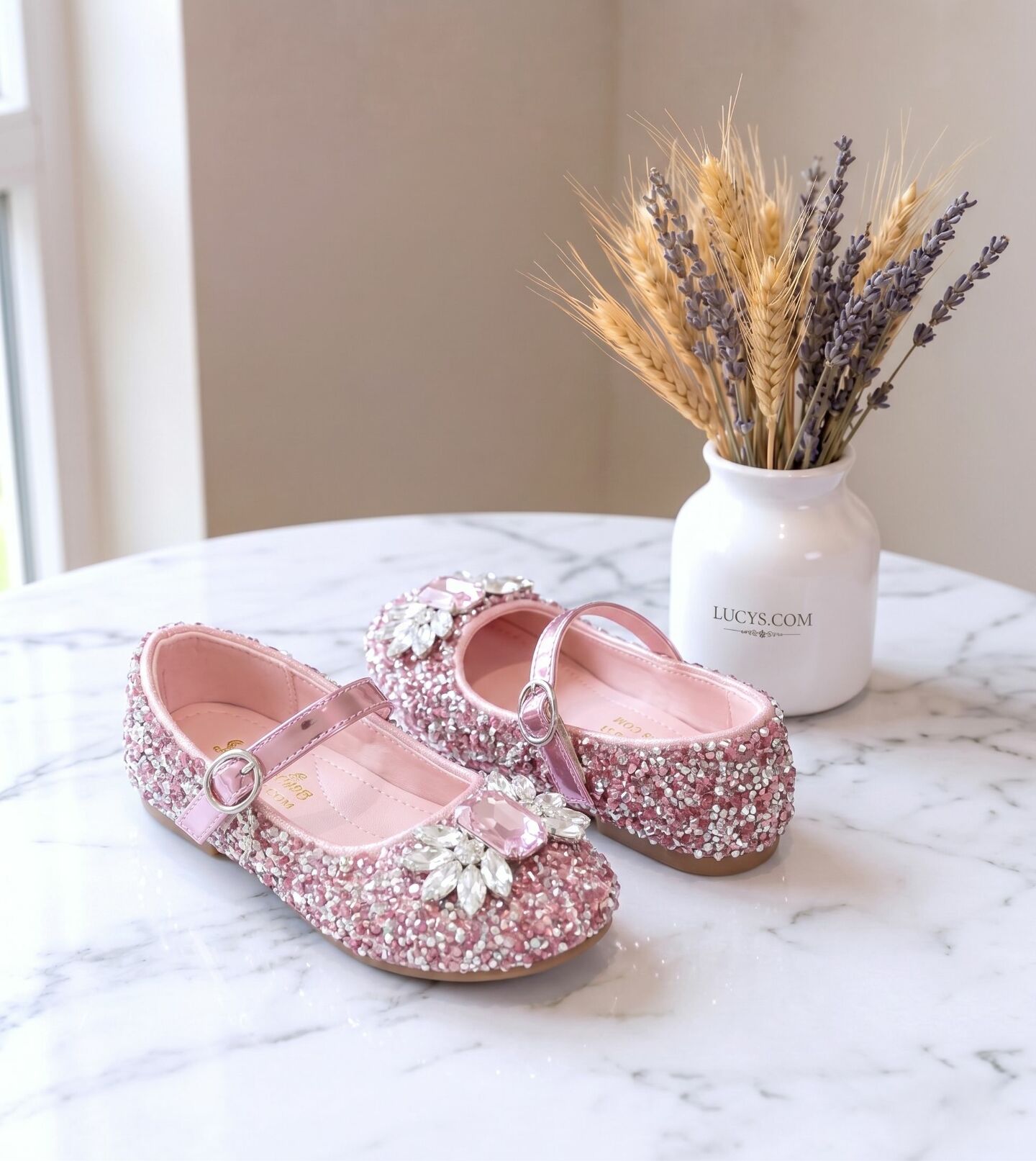 Girls Pink Jeweled Mary Jane Bar Strap Flat Dress Shoes with Gem Brooch | Lucys