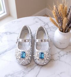 Girls Silver Jeweled Mary Jane Bar Strap Flat Dress Shoes with Gem Brooch | Lucys