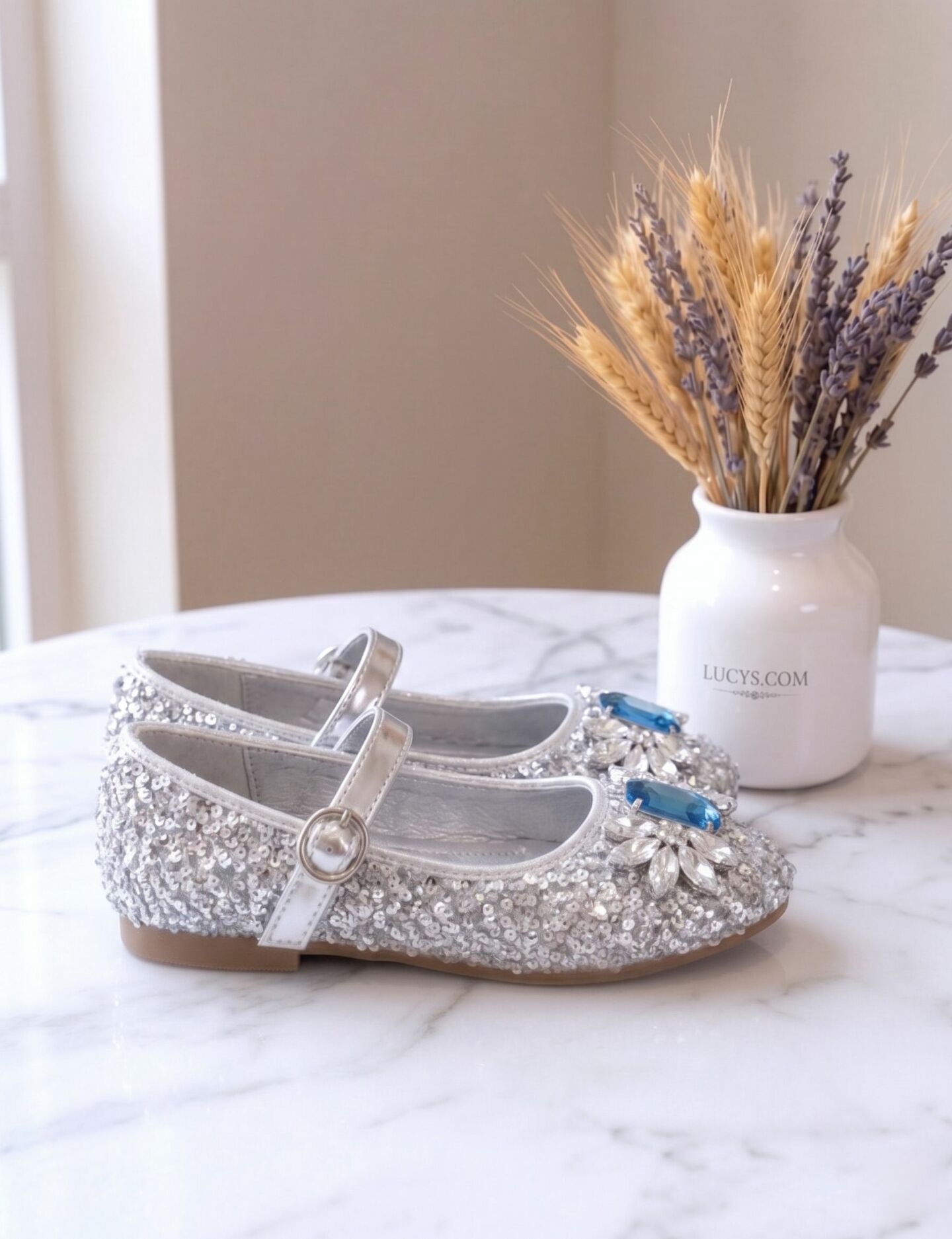 Girls Silver Jeweled Mary Jane Bar Strap Flat Dress Shoes with Gem Brooch | Lucys