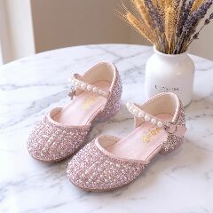 Girls Peach Jeweled Pearl T-Strap Block Heel Dress Shoes | Lucys