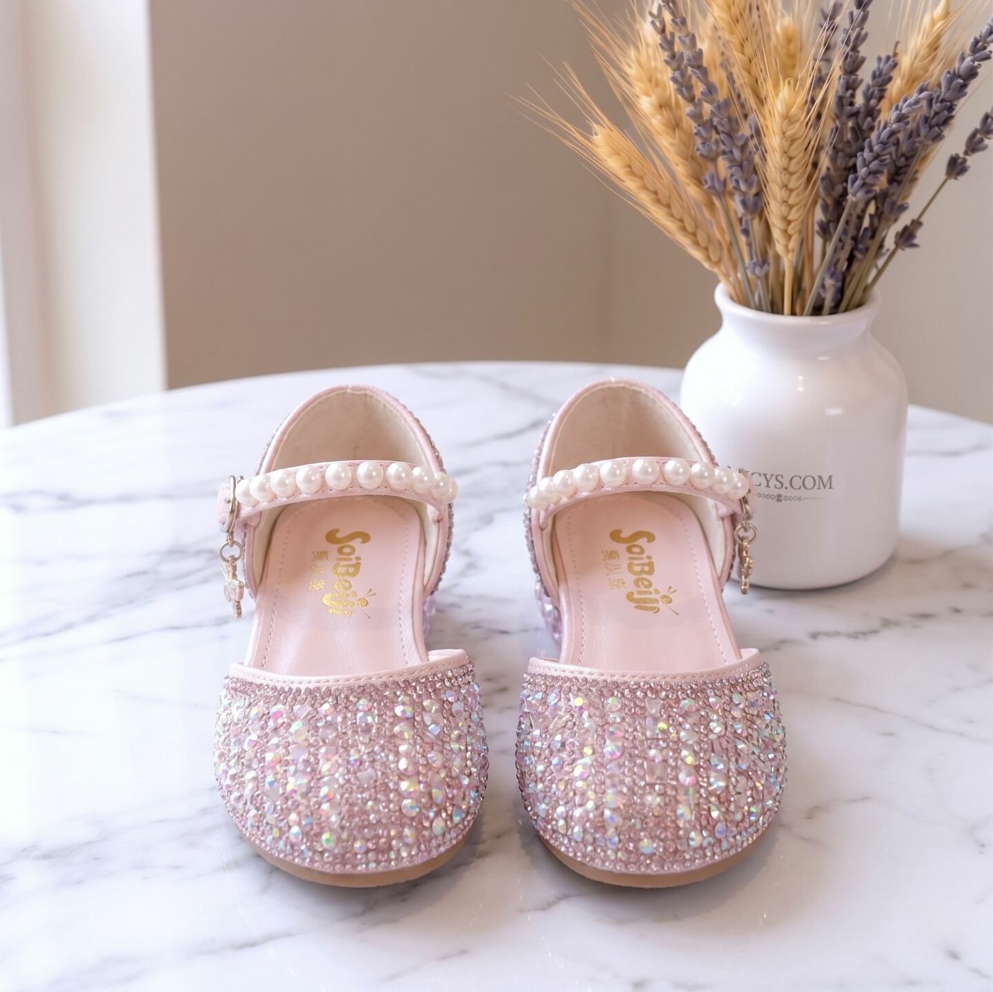 Girls Peach Jeweled Pearl T-Strap Block Heel Dress Shoes | Lucys
