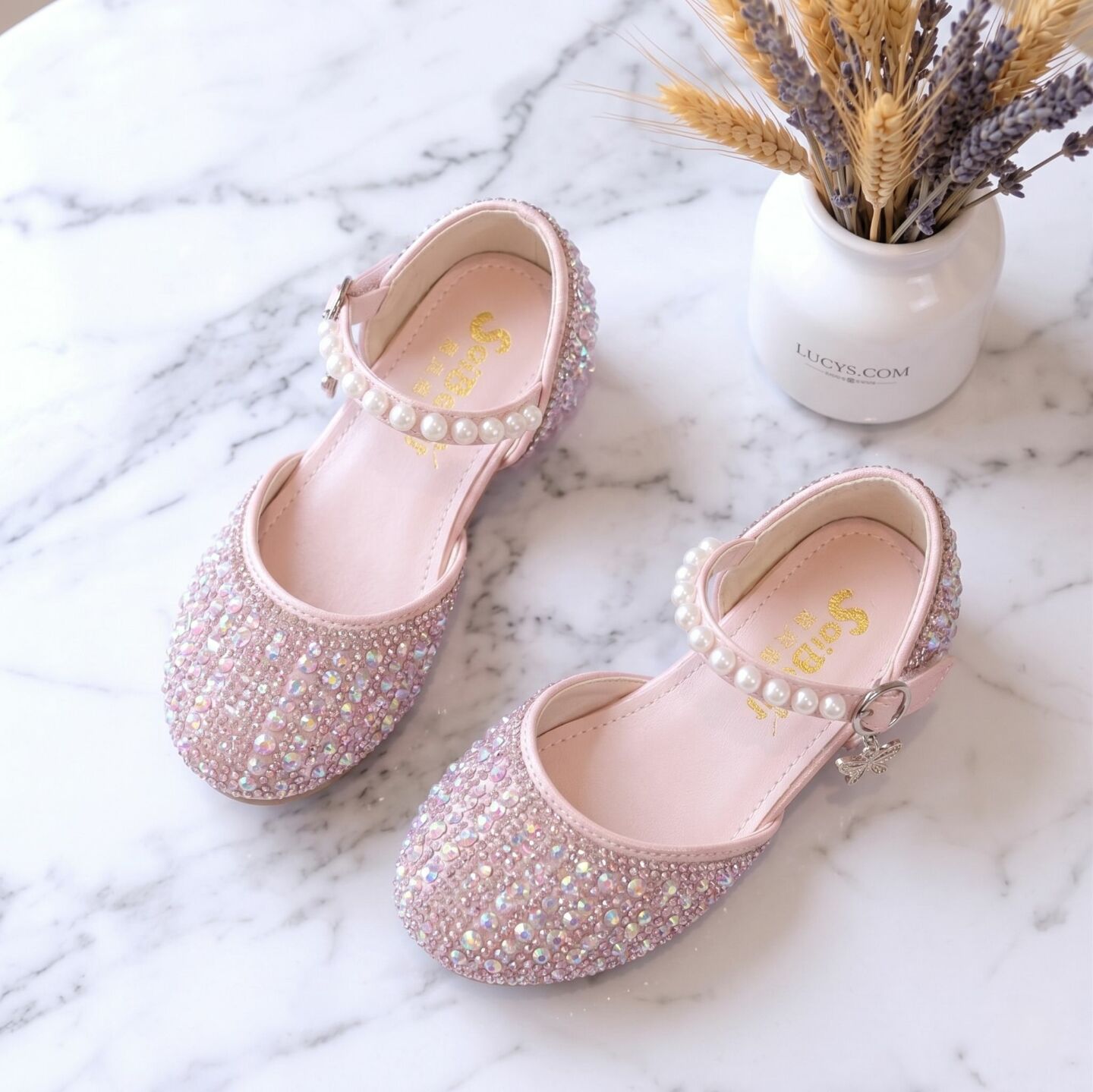 Girls Peach Jeweled Pearl T-Strap Block Heel Dress Shoes | Lucys