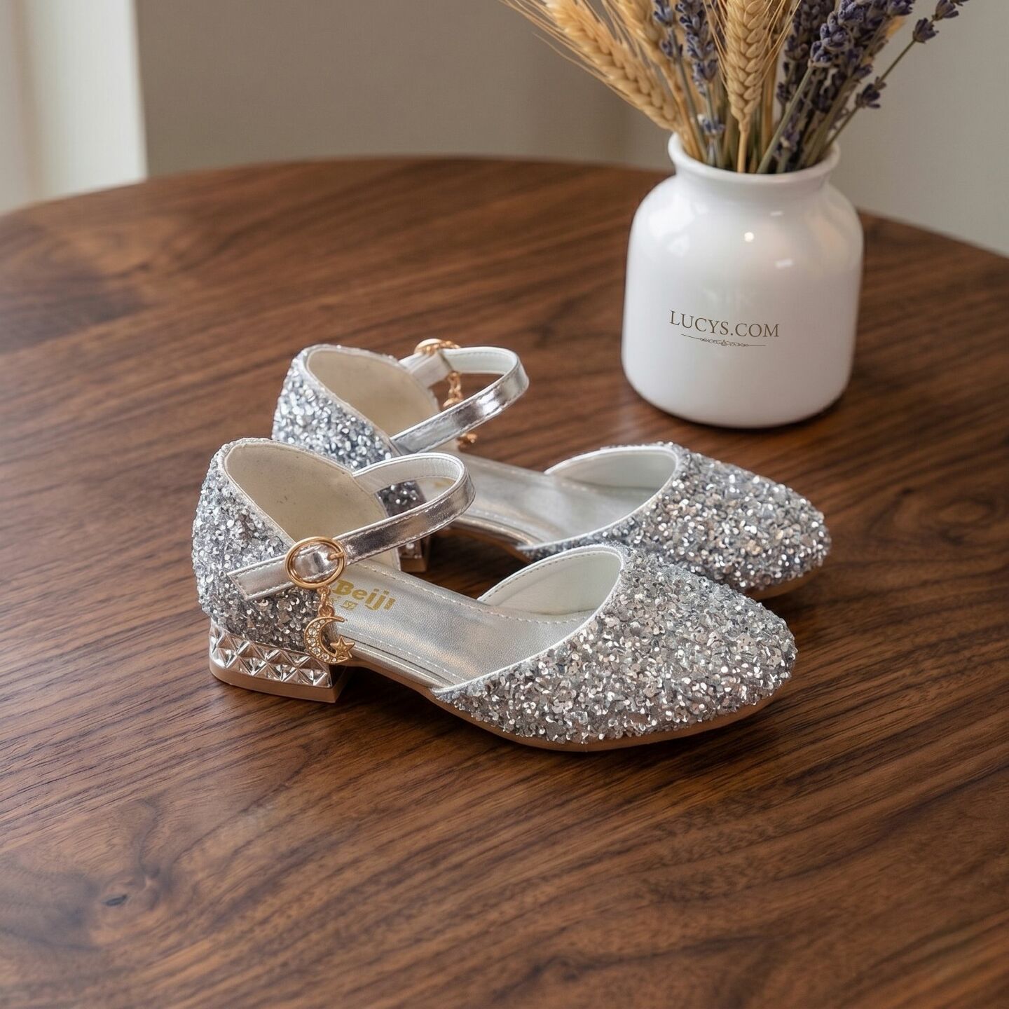 Girls Silver Full Glitter Quilted Block Heel Dress Shoes with Ankle Strap Charm | Lucys