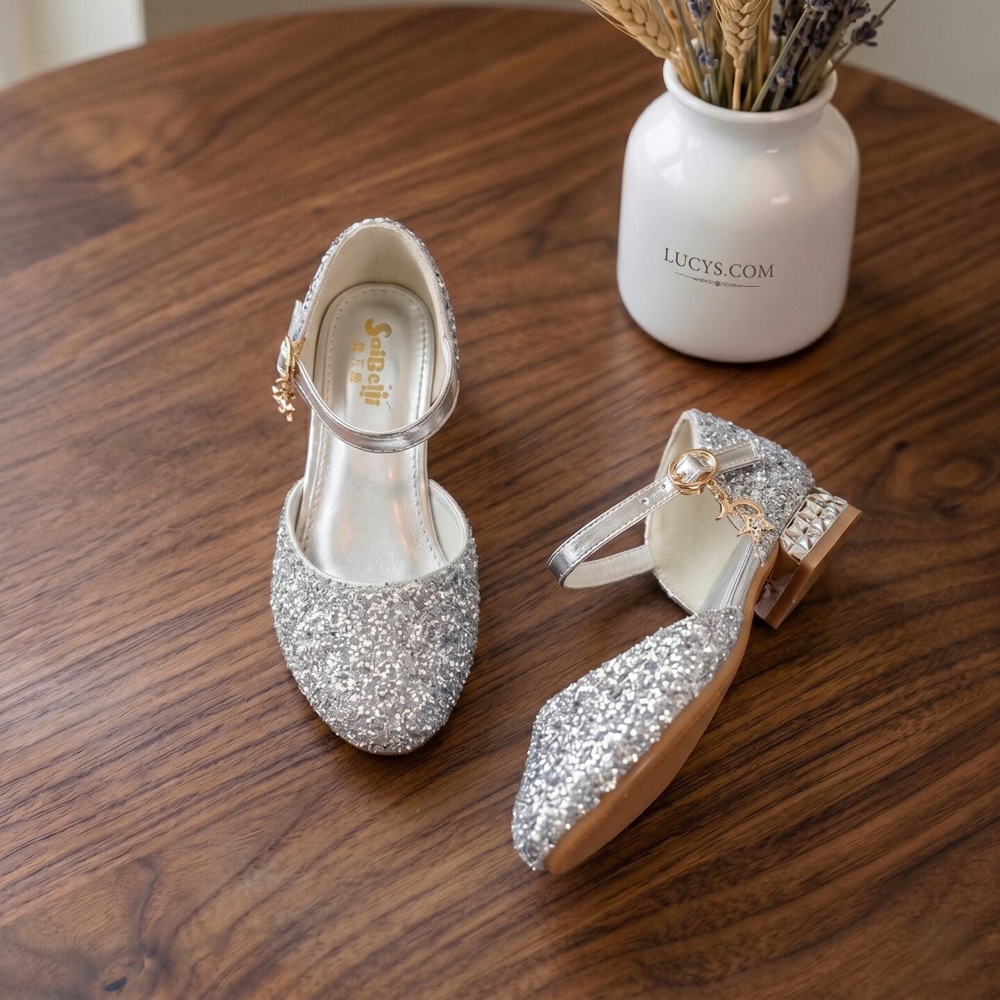 Girls Silver Full Glitter Quilted Block Heel Dress Shoes with Ankle Strap Charm | Lucys