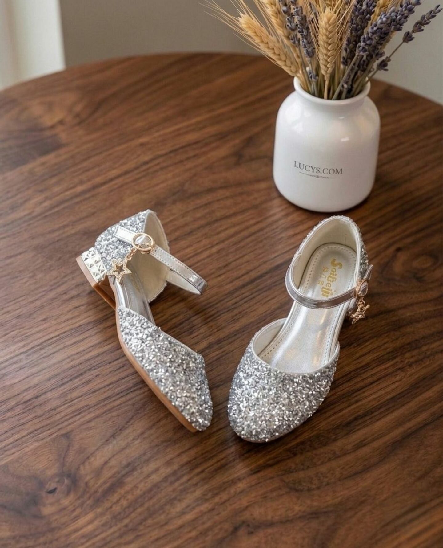 Girls Silver Full Glitter Quilted Block Heel Dress Shoes with Ankle Strap Charm | Lucys