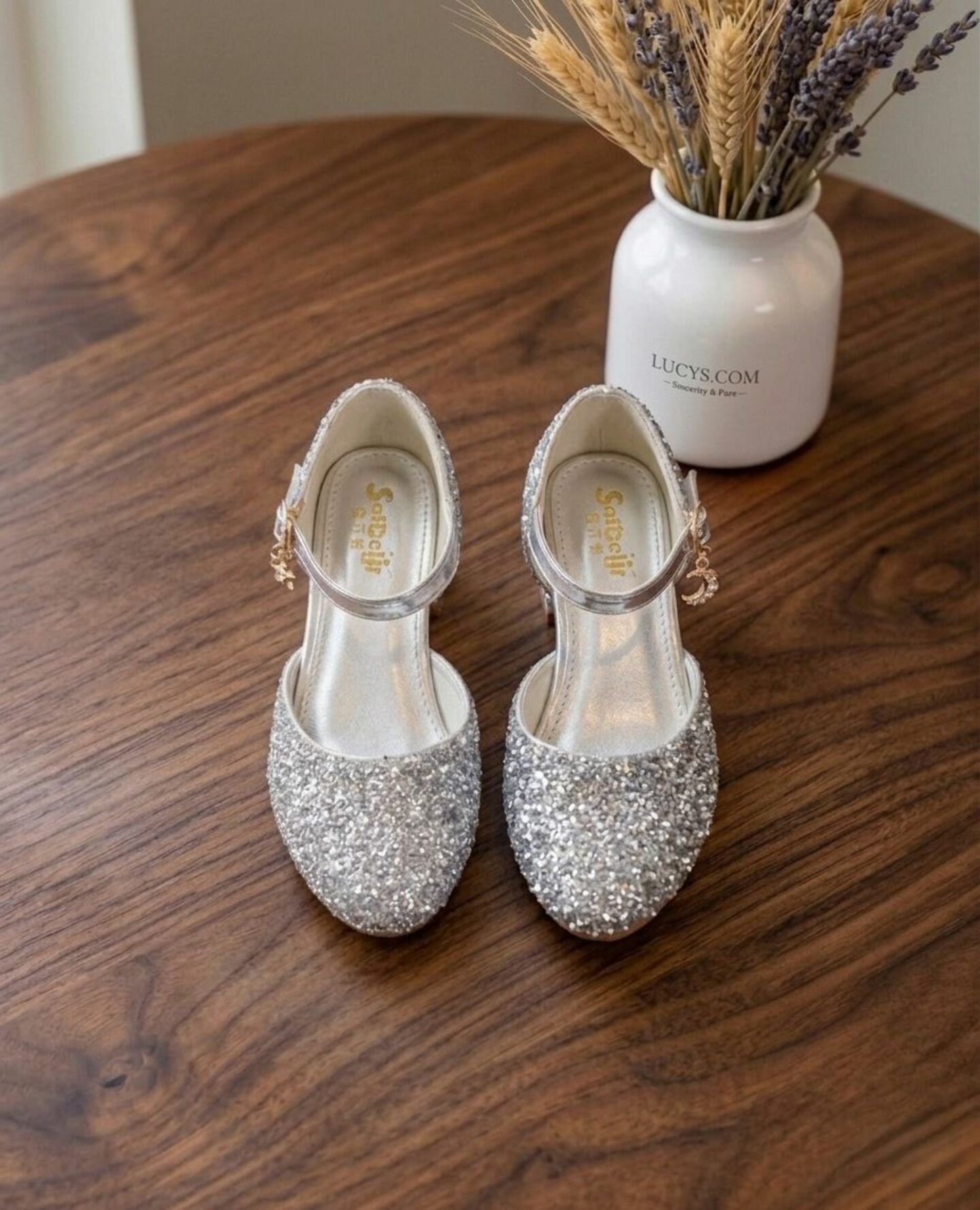 Girls Silver Full Glitter Quilted Block Heel Dress Shoes with Ankle Strap Charm | Lucys