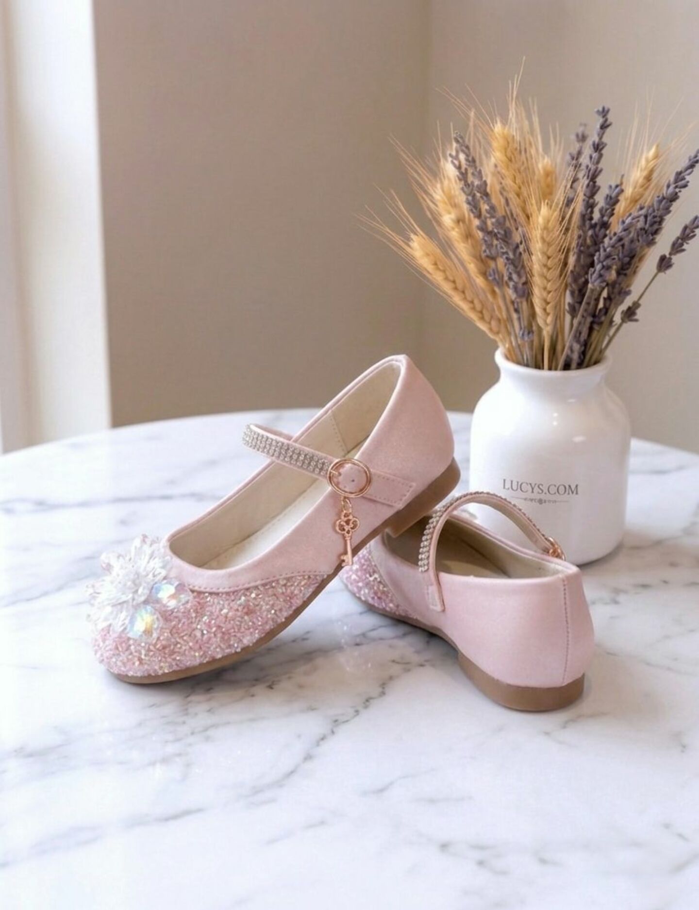 Girls Pink Jeweled Rhinestone-Studded Mary Jane Flat Dress Shoes with Charm | Lucys