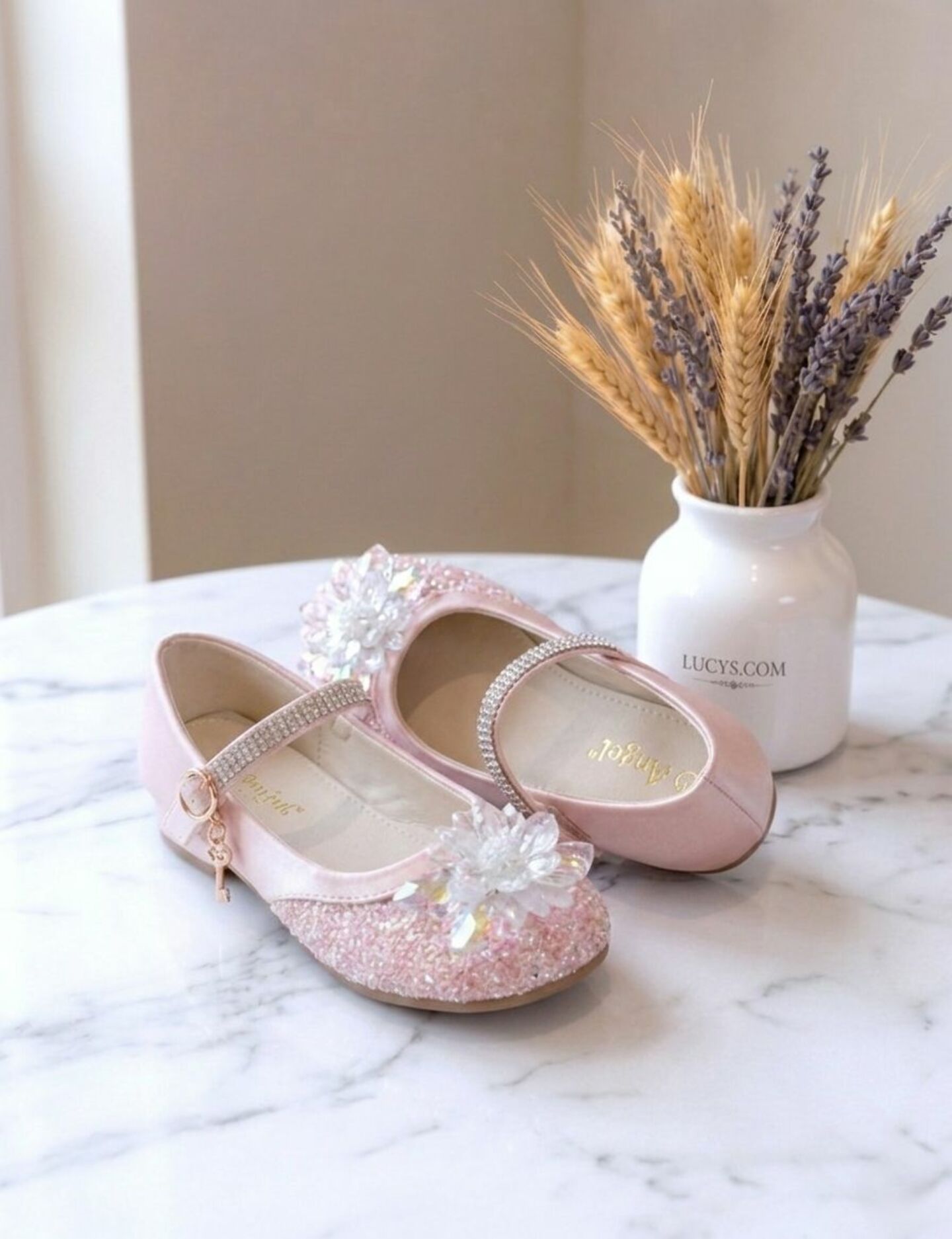 Girls Pink Jeweled Rhinestone-Studded Mary Jane Flat Dress Shoes with Charm | Lucys