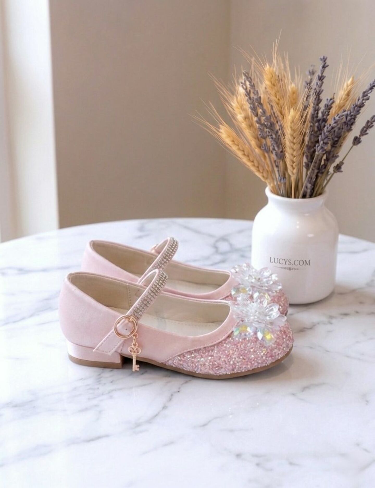 Girls Pink Jeweled Rhinestone-Studded Mary Jane Flat Dress Shoes with Charm | Lucys