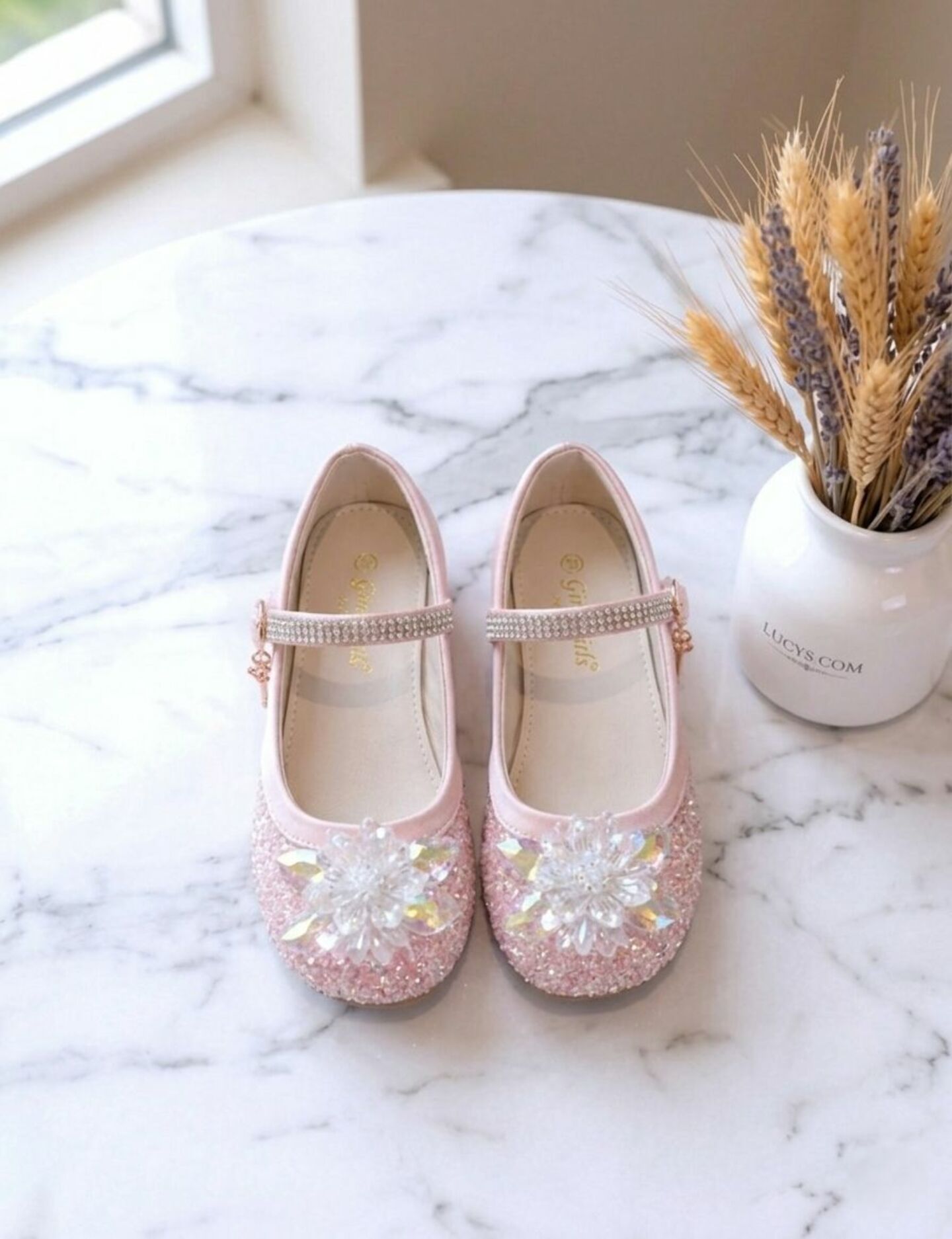 Girls Pink Jeweled Rhinestone-Studded Mary Jane Flat Dress Shoes with Charm | Lucys