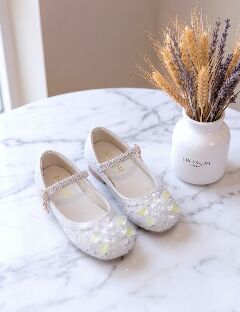 Girls White Jeweled Rhinestone-Studded Mary Jane Flat Dress Shoes with Charm | Lucys