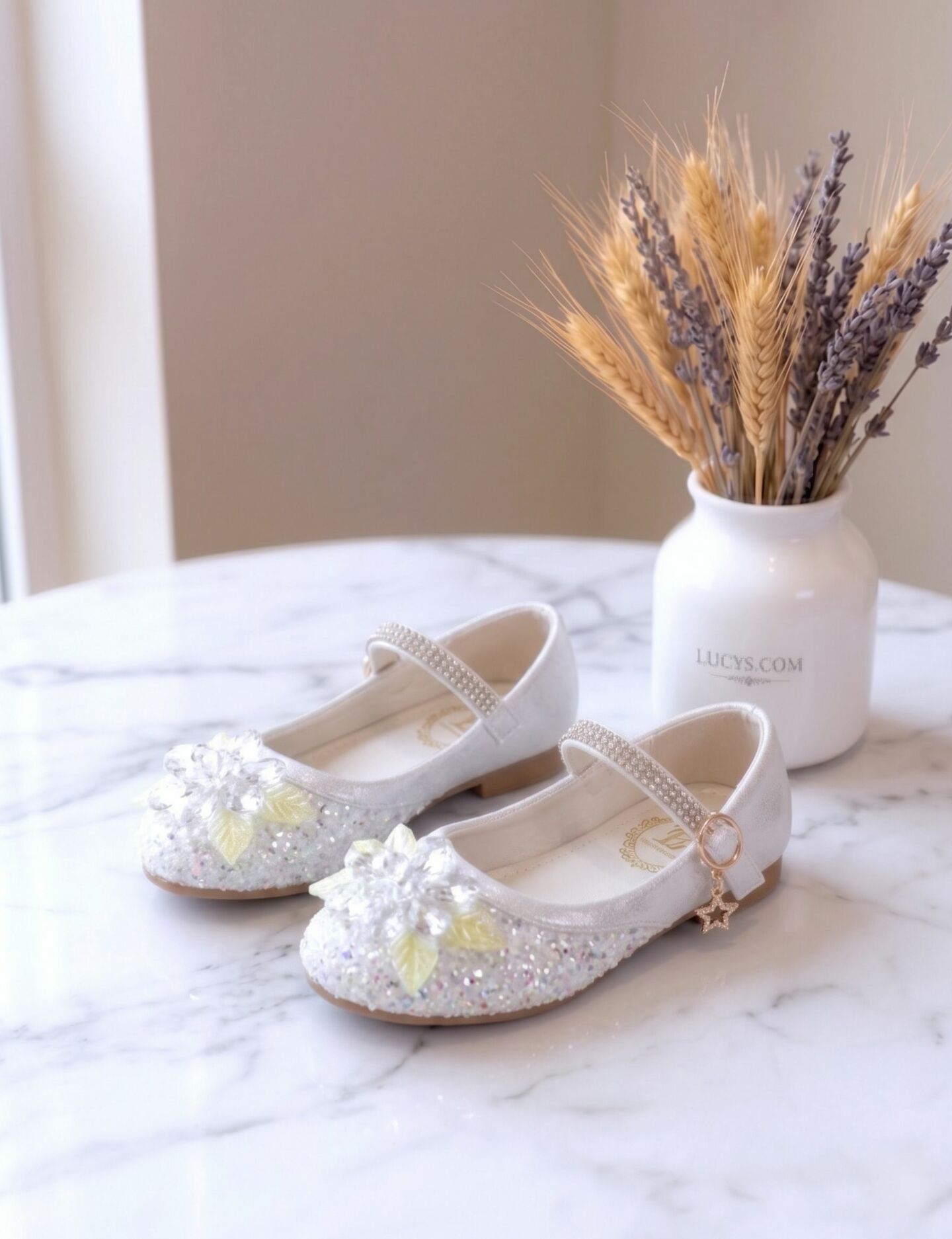 Girls White Jeweled Rhinestone-Studded Mary Jane Flat Dress Shoes with Charm | Lucys