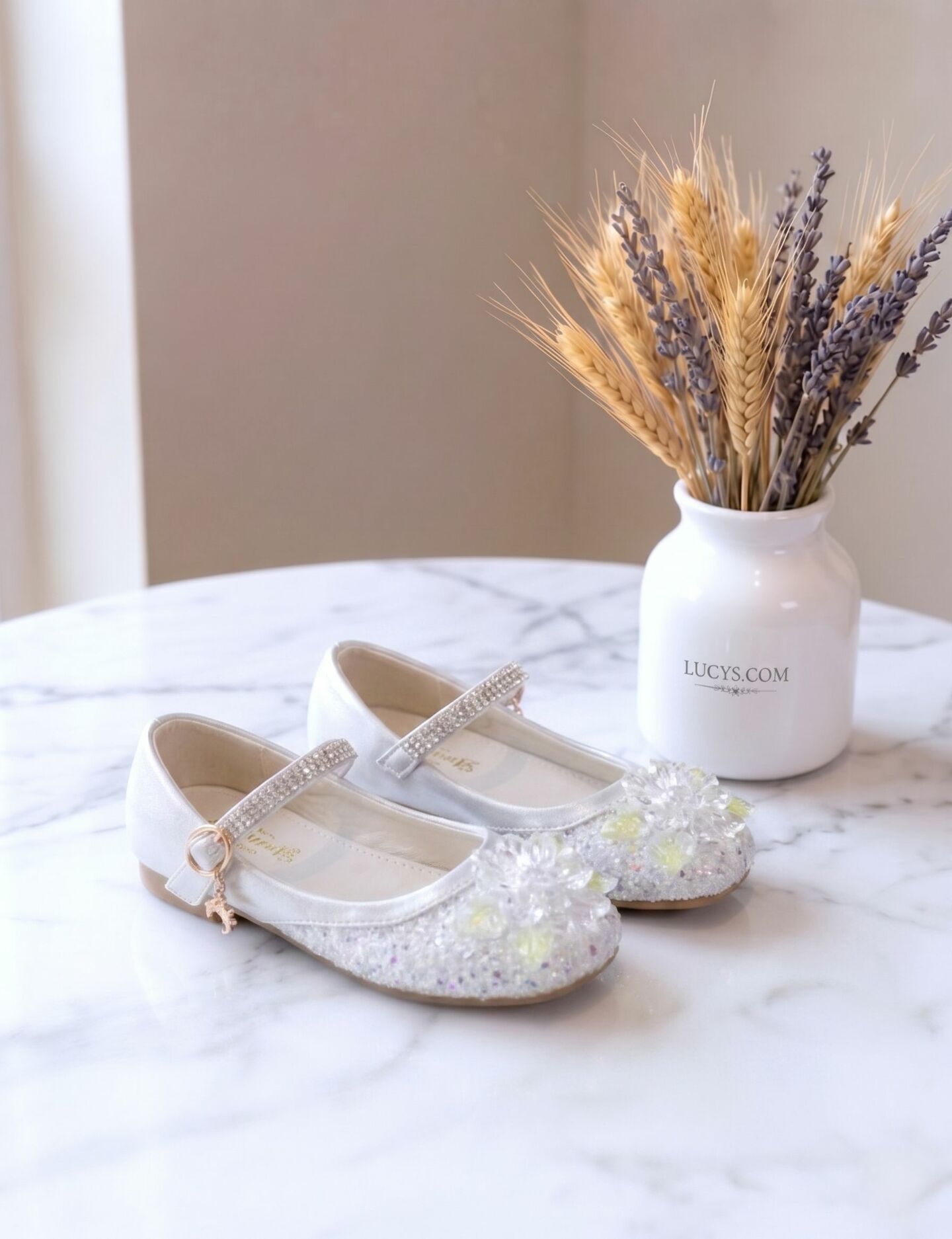 Girls White Jeweled Rhinestone-Studded Mary Jane Flat Dress Shoes with Charm | Lucys