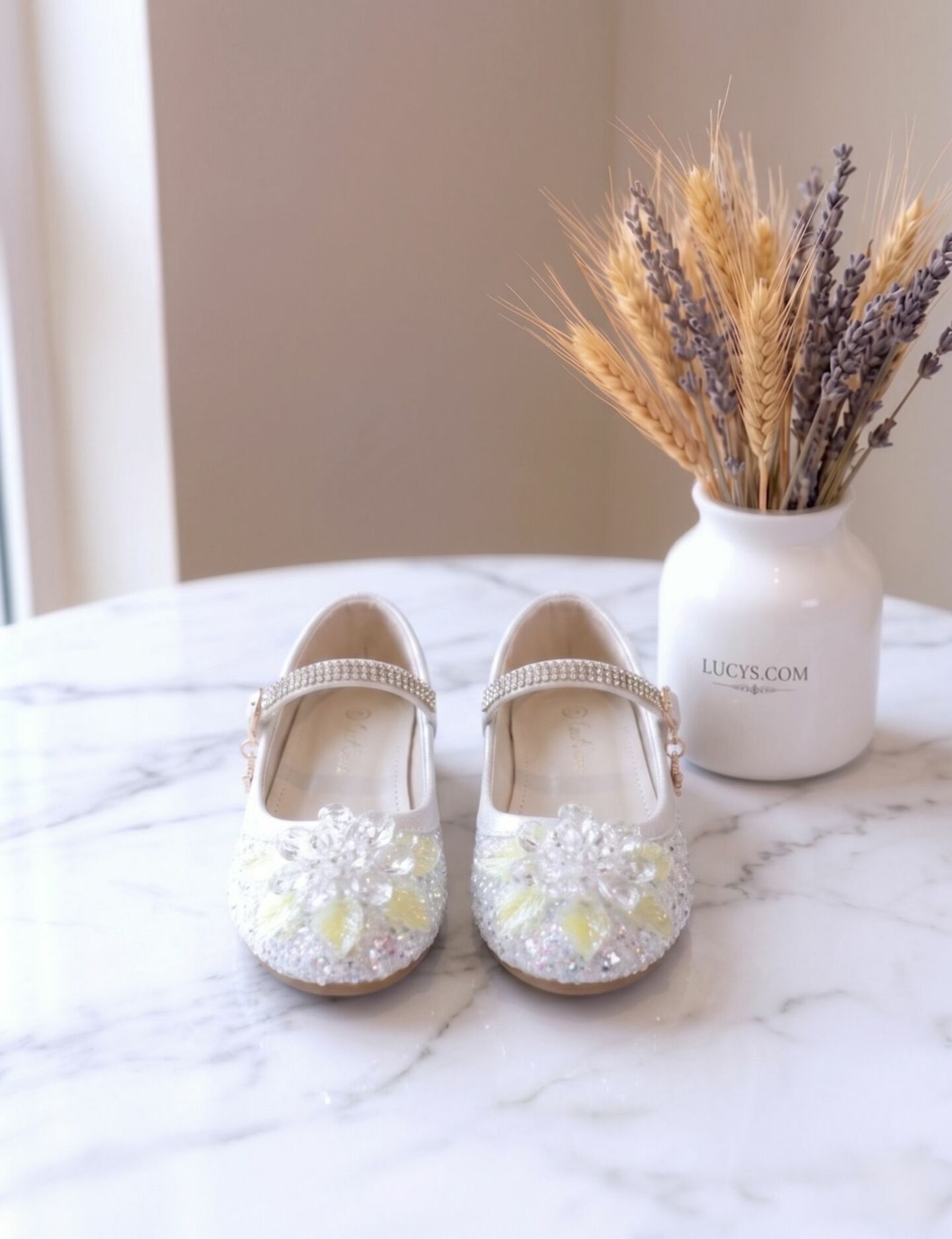 Girls White Jeweled Rhinestone-Studded Mary Jane Flat Dress Shoes with Charm | Lucys