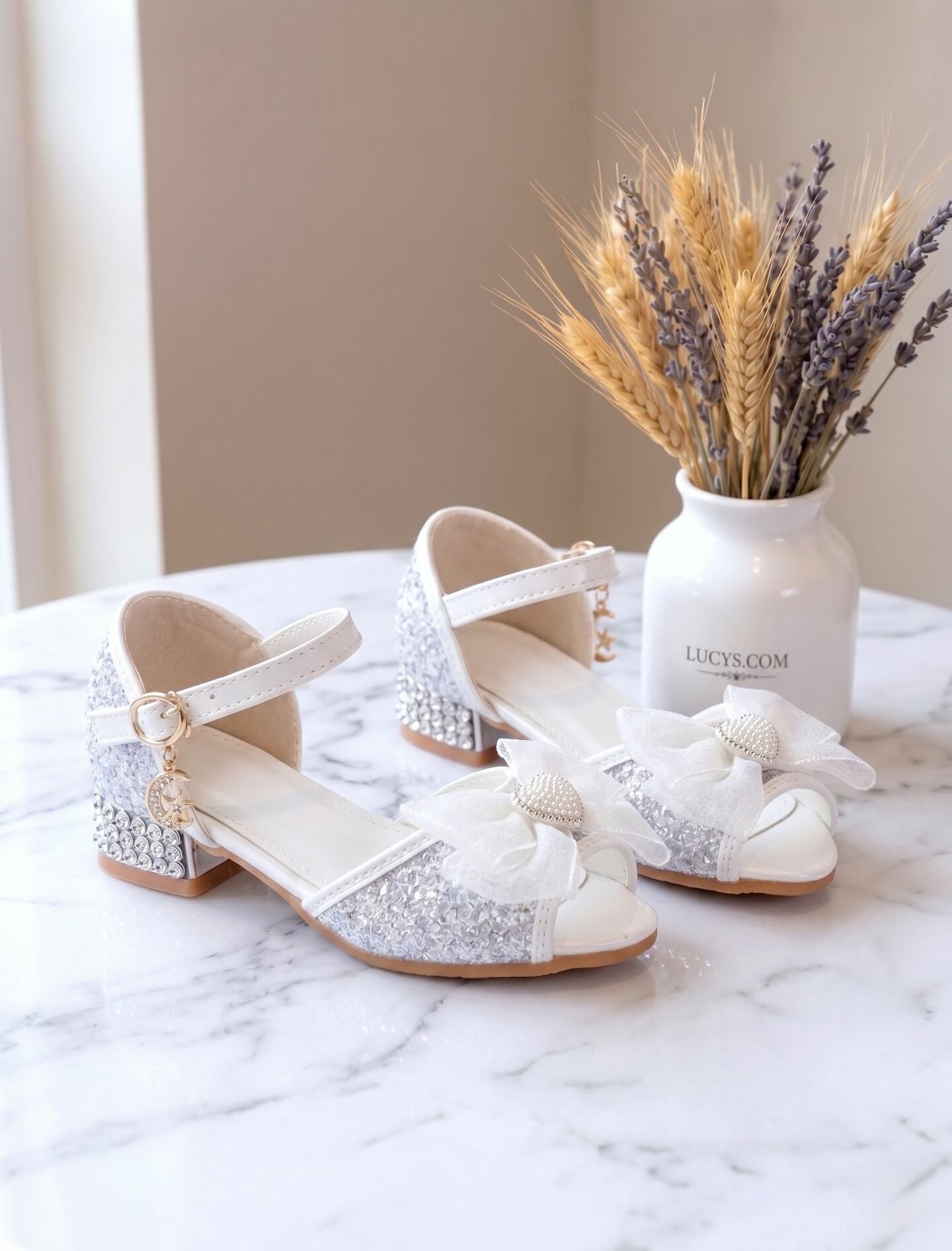 Girls White Silver Open-Toe Glitter Block Heel Sandal Dress Shoes with Fabric Bow | Lucys