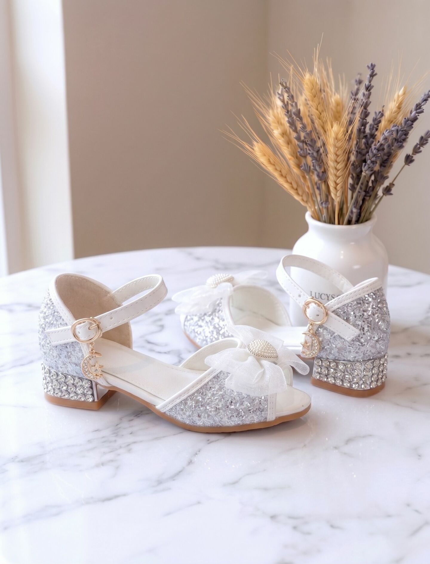 Girls White Silver Open-Toe Glitter Block Heel Sandal Dress Shoes with Fabric Bow | Lucys