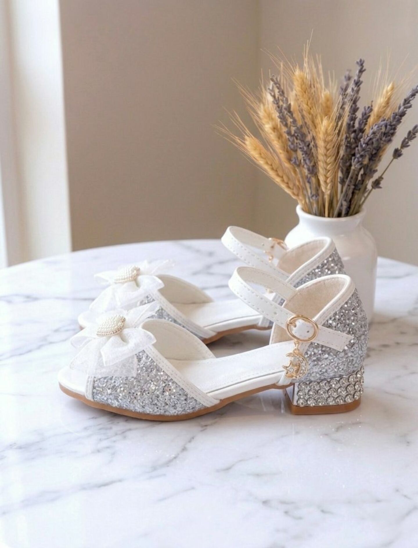 Girls White Silver Open-Toe Glitter Block Heel Sandal Dress Shoes with Fabric Bow | Lucys