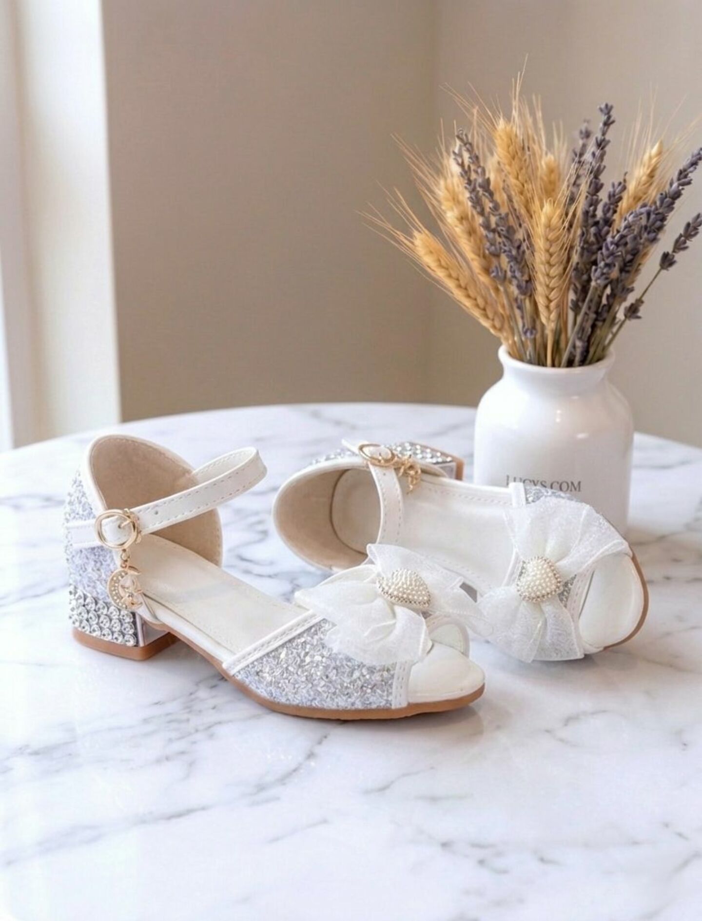 Girls White Silver Open-Toe Glitter Block Heel Sandal Dress Shoes with Fabric Bow | Lucys