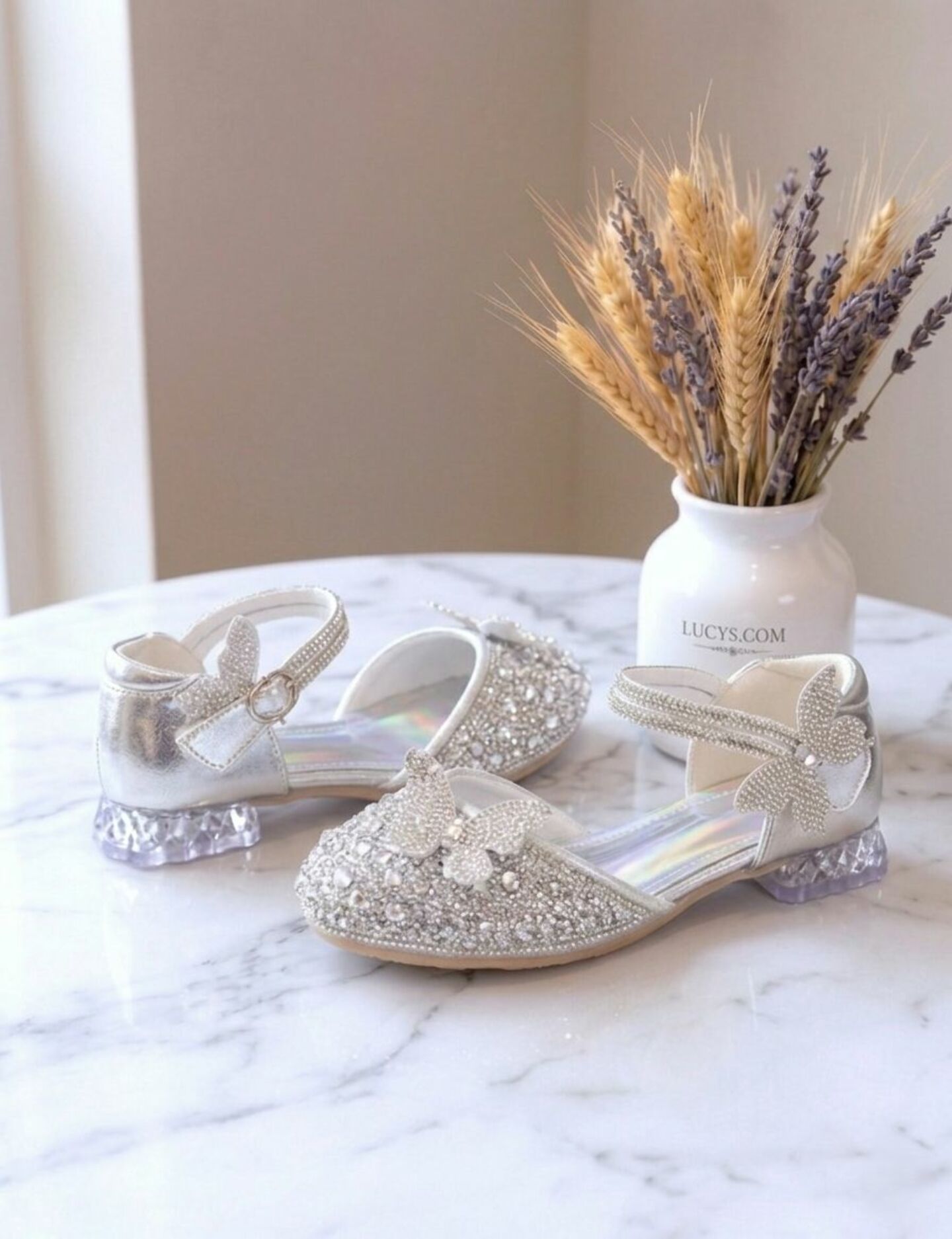 Girls Silver Full Glitter Block Heel Dress Shoes with Iridescent Rainbow Holographic Insole | Lucys