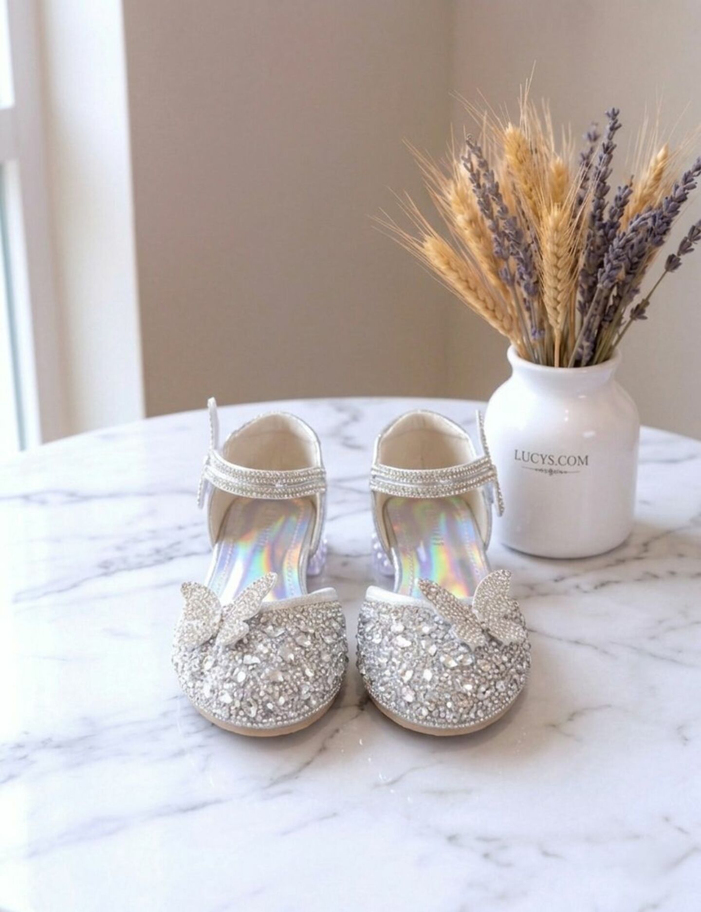 Girls Silver Full Glitter Block Heel Dress Shoes with Iridescent Rainbow Holographic Insole | Lucys
