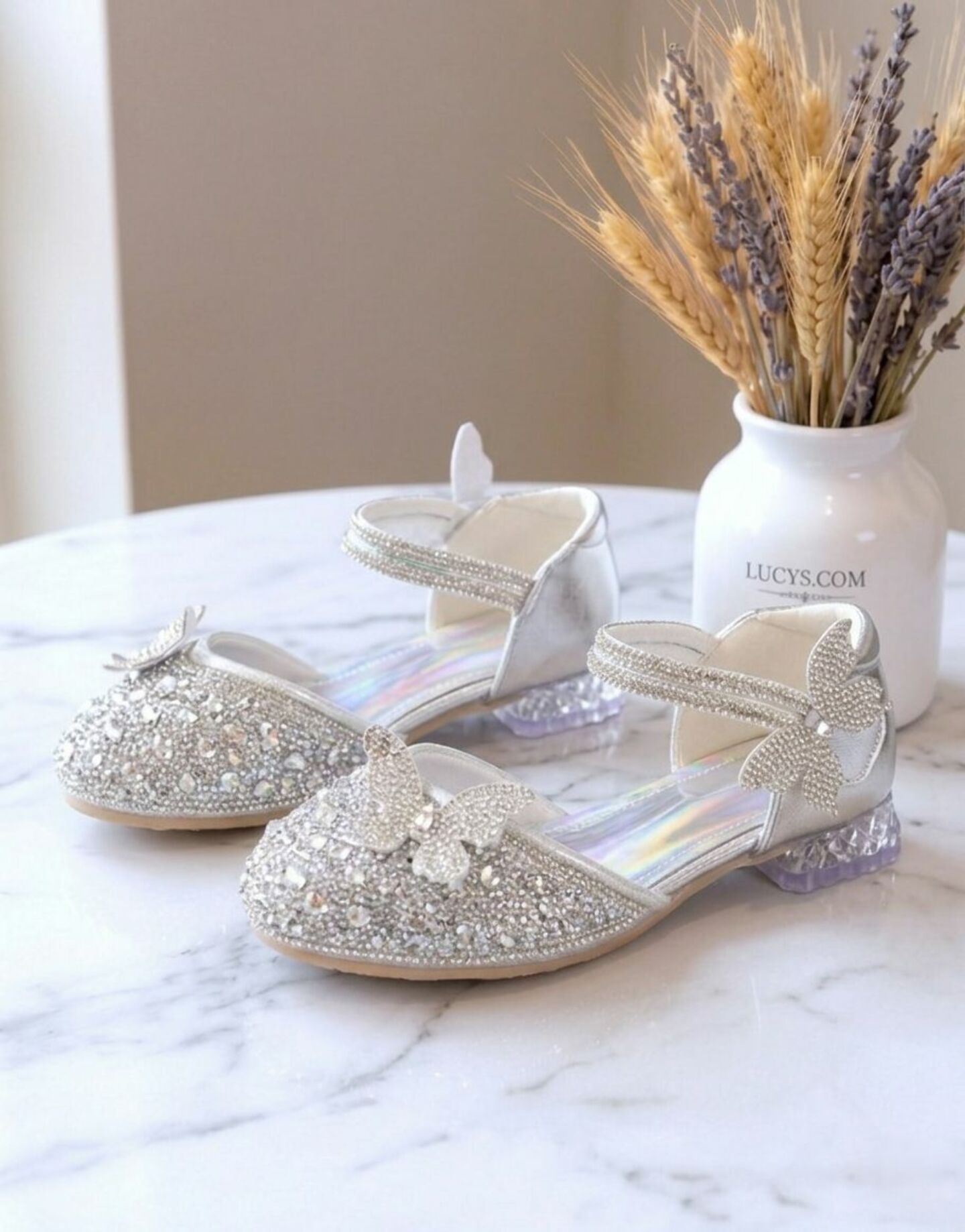 Girls Silver Full Glitter Block Heel Dress Shoes with Iridescent Rainbow Holographic Insole | Lucys