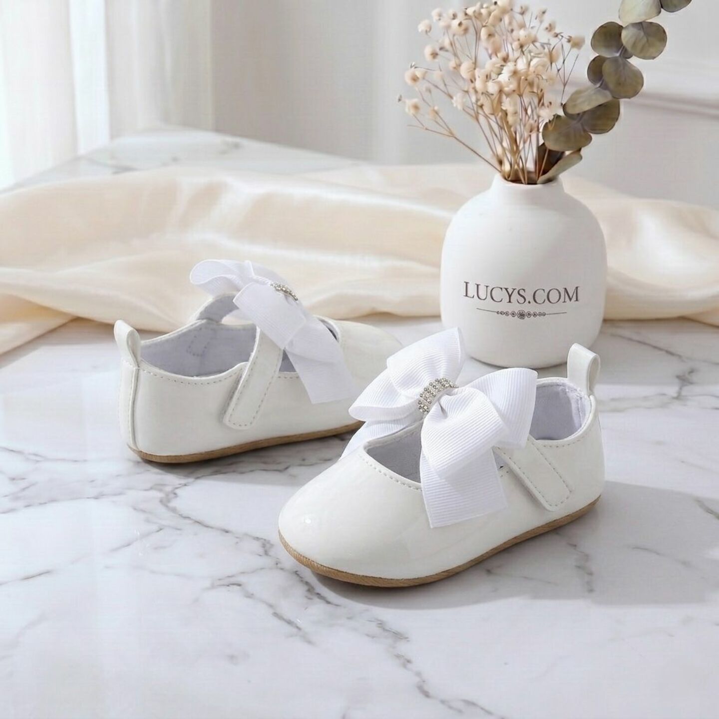 White Formal Baby Shoes with Crystal Bow - Christening & Baptism Footwear | Lucys
