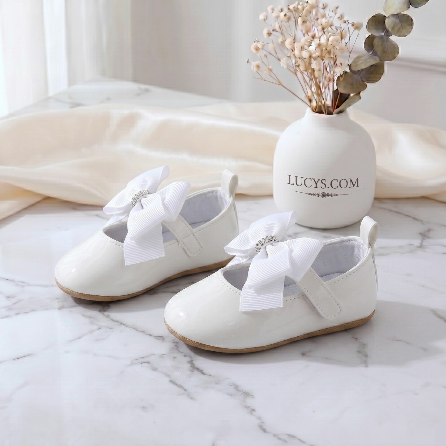 White Formal Baby Shoes with Crystal Bow - Christening & Baptism Footwear | Lucys