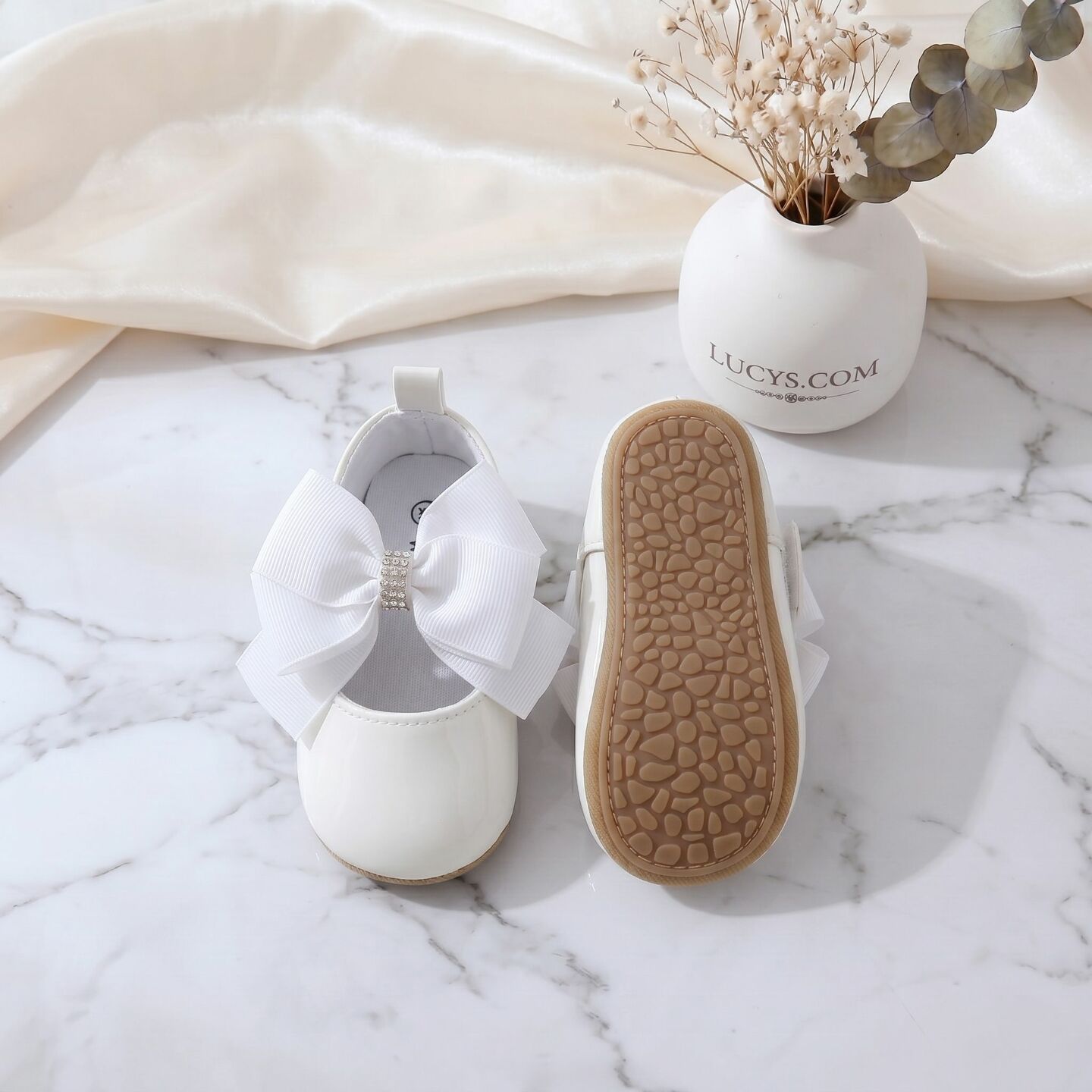 White Formal Baby Shoes with Crystal Bow - Christening & Baptism Footwear | Lucys