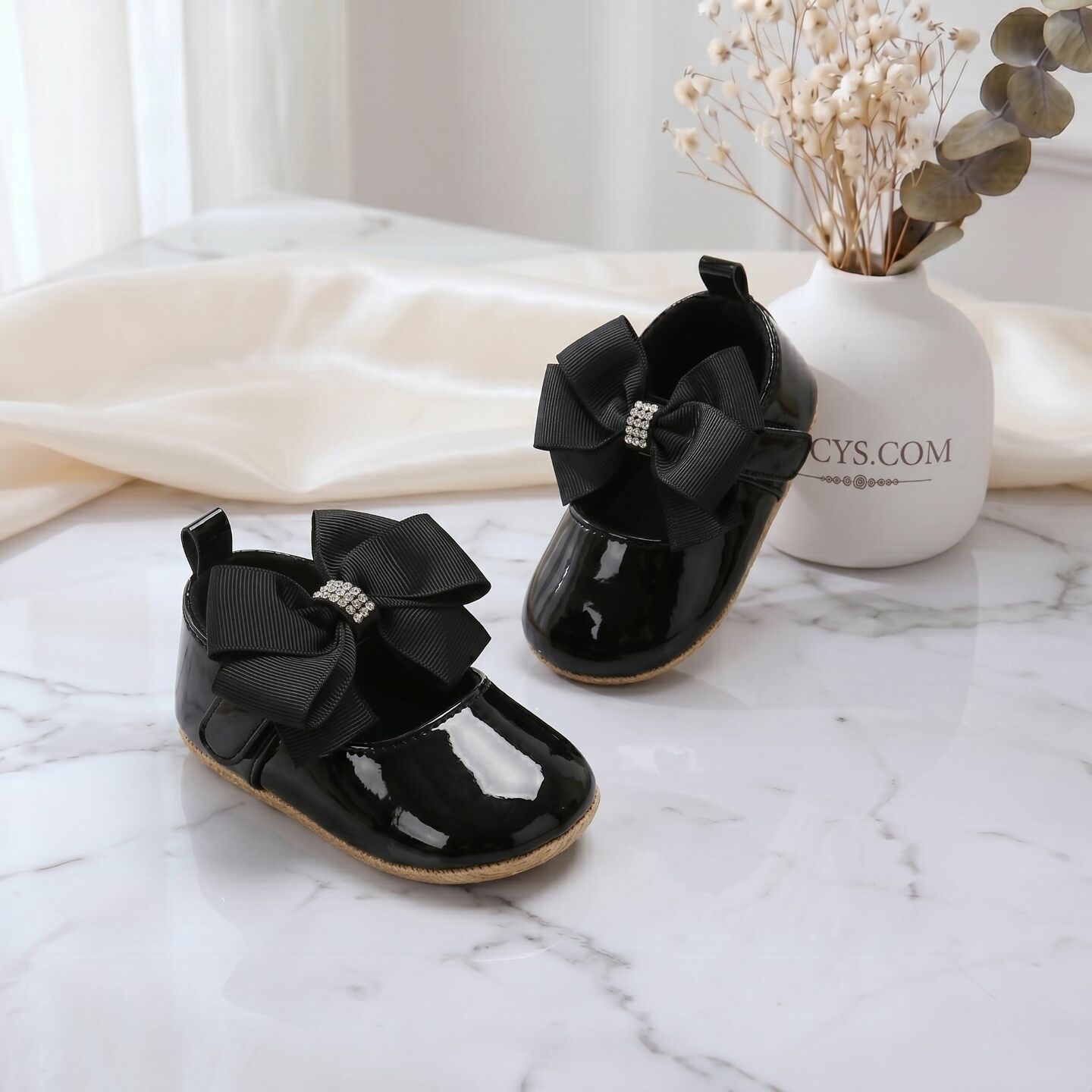 Black Formal Baby Shoes with Crystal Bow | Lucys