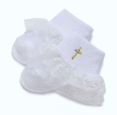 Baby White Lace Ruffle Socks with Gold Embroidered Cross for Baptism | Lucys
