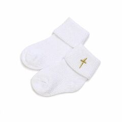 Baby White Christening Socks with Gold Cross Embroidery | Lucys