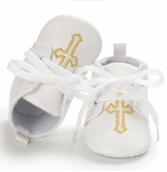 Baby White PU Leather Lace-Up Christening Shoes with Gold Cross | Lucys