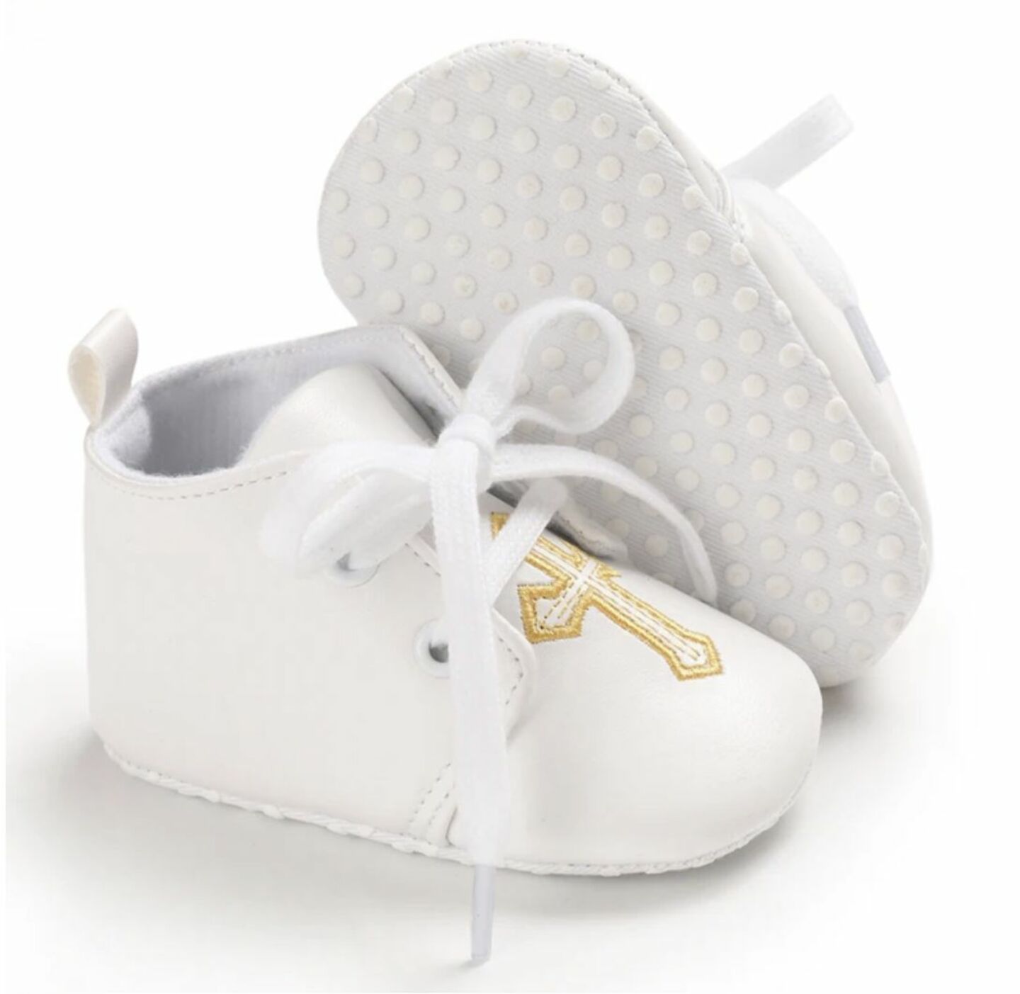 Baby White PU Leather Lace-Up Christening Shoes with Gold Cross | Lucys
