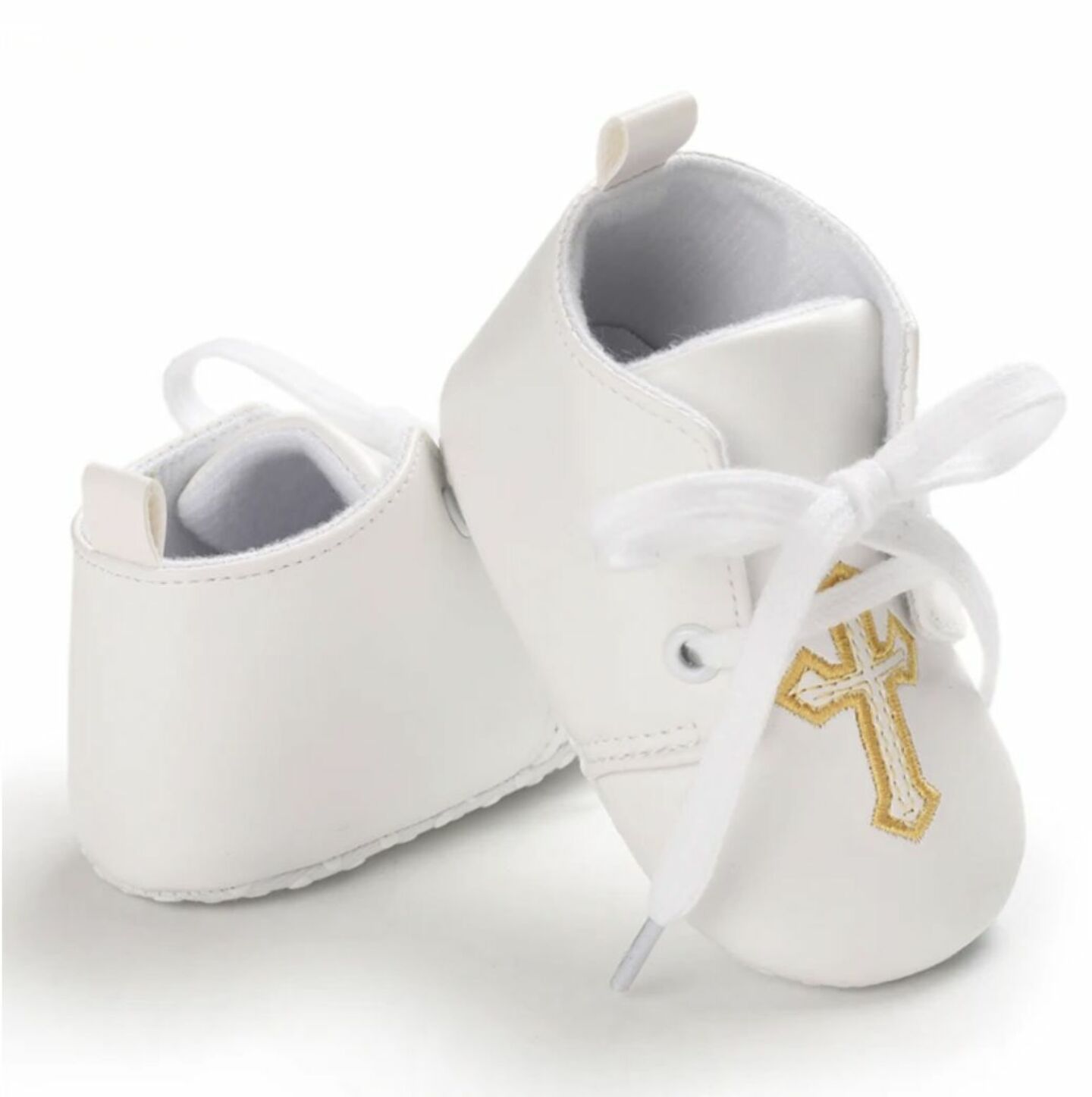 Baby White PU Leather Lace-Up Christening Shoes with Gold Cross | Lucys