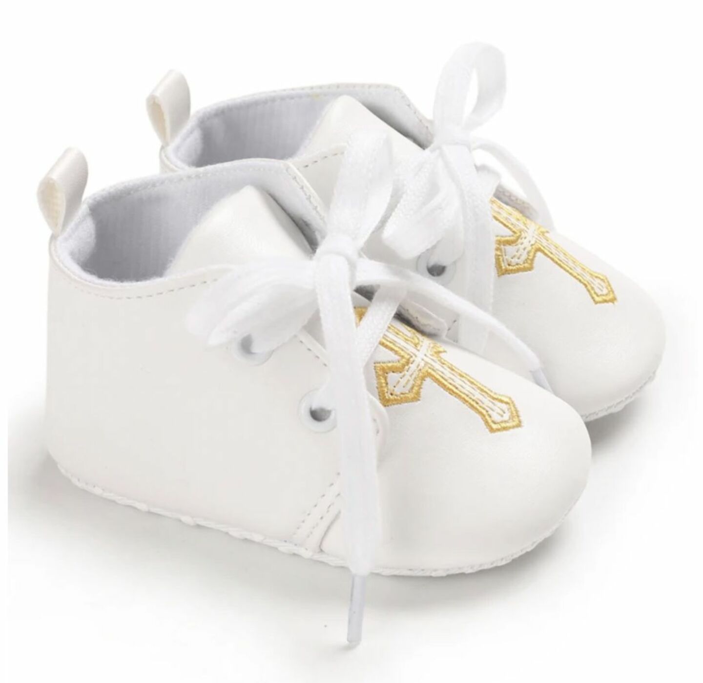 Baby White PU Leather Lace-Up Christening Shoes with Gold Cross | Lucys