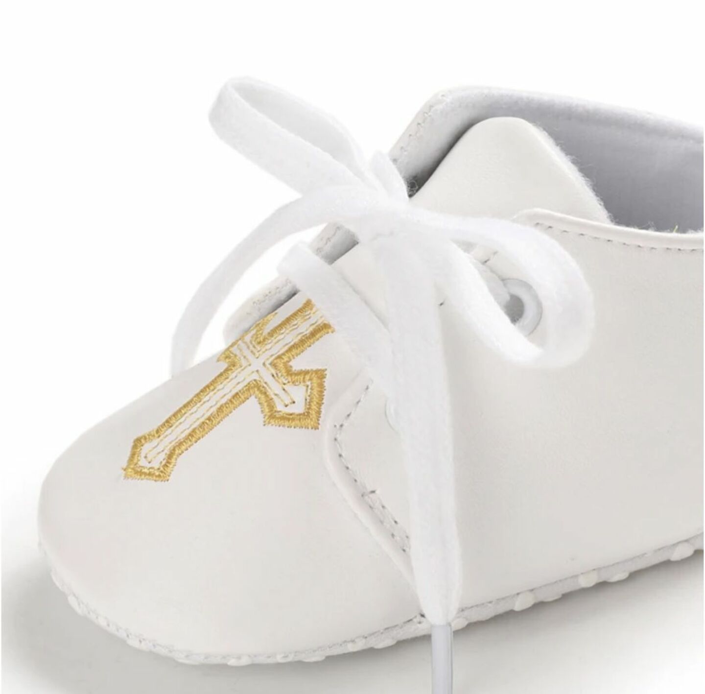 Baby White PU Leather Lace-Up Christening Shoes with Gold Cross | Lucys