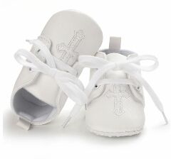 Baby White PU Leather Lace-Up Christening Shoes with White Cross | Lucys