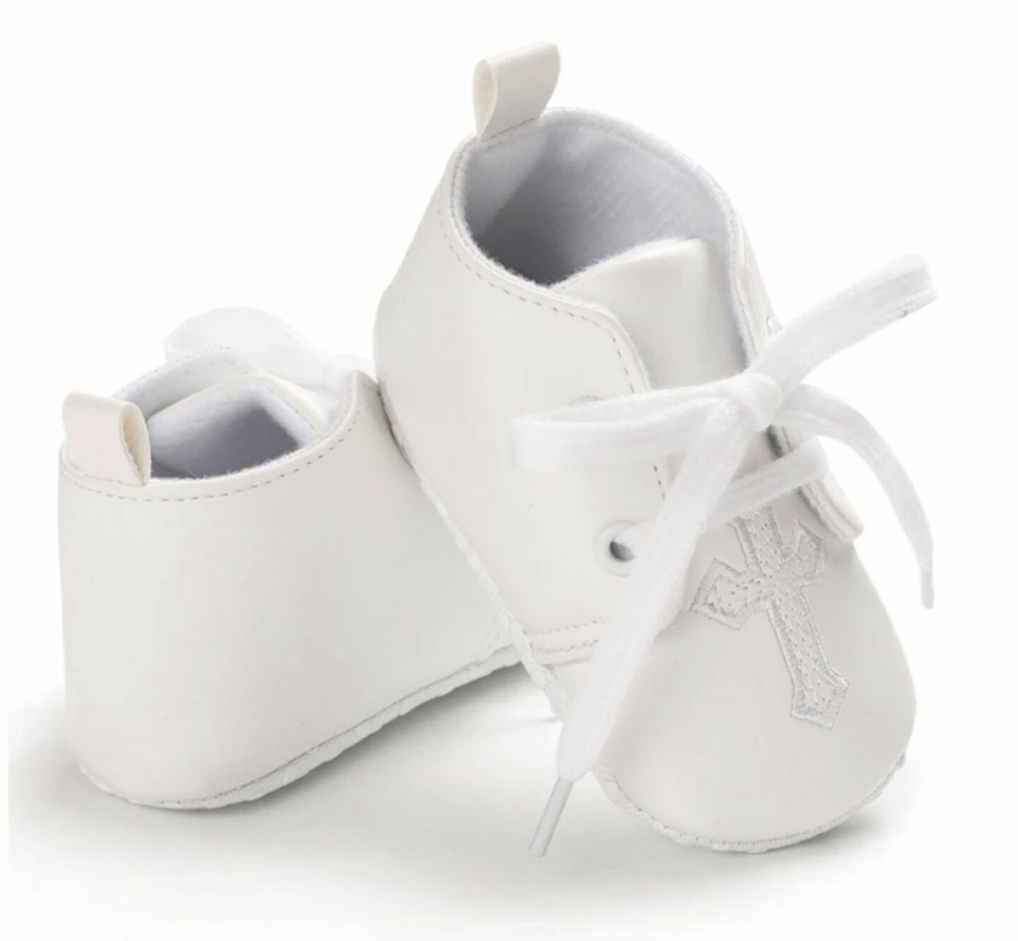 Baby White PU Leather Lace-Up Christening Shoes with White Cross | Lucys