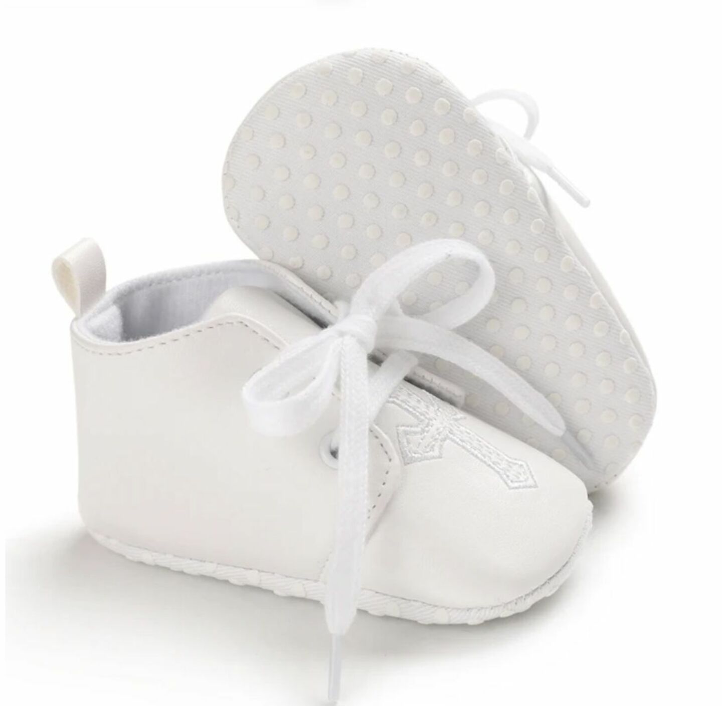 Baby White PU Leather Lace-Up Christening Shoes with White Cross | Lucys