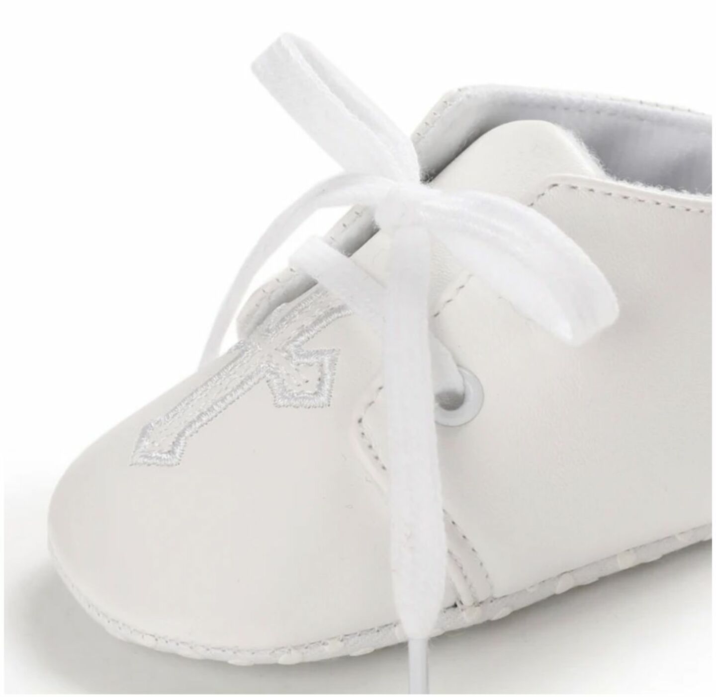 Baby White PU Leather Lace-Up Christening Shoes with White Cross | Lucys