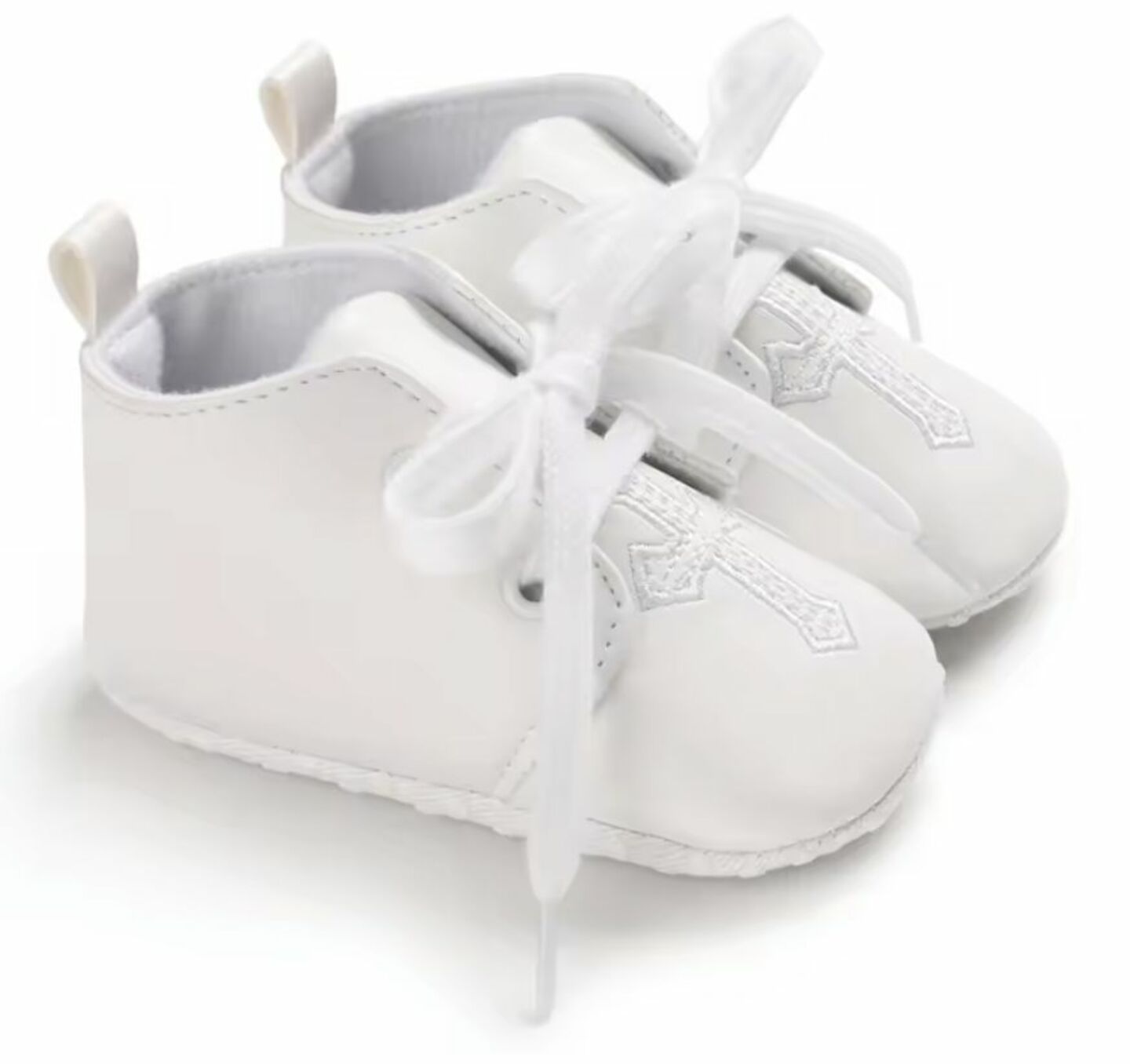 Baby White PU Leather Lace-Up Christening Shoes with White Cross | Lucys