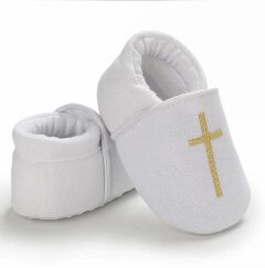 Baby White Fabric Slip-On Christening Shoes with Gold Cross | Lucys