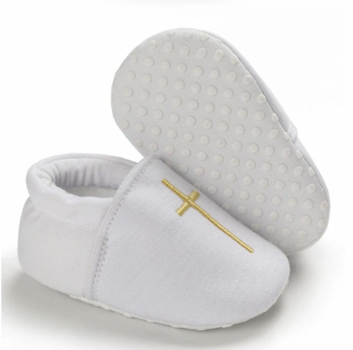 Baby White Fabric Slip-On Christening Shoes with Gold Cross | Lucys